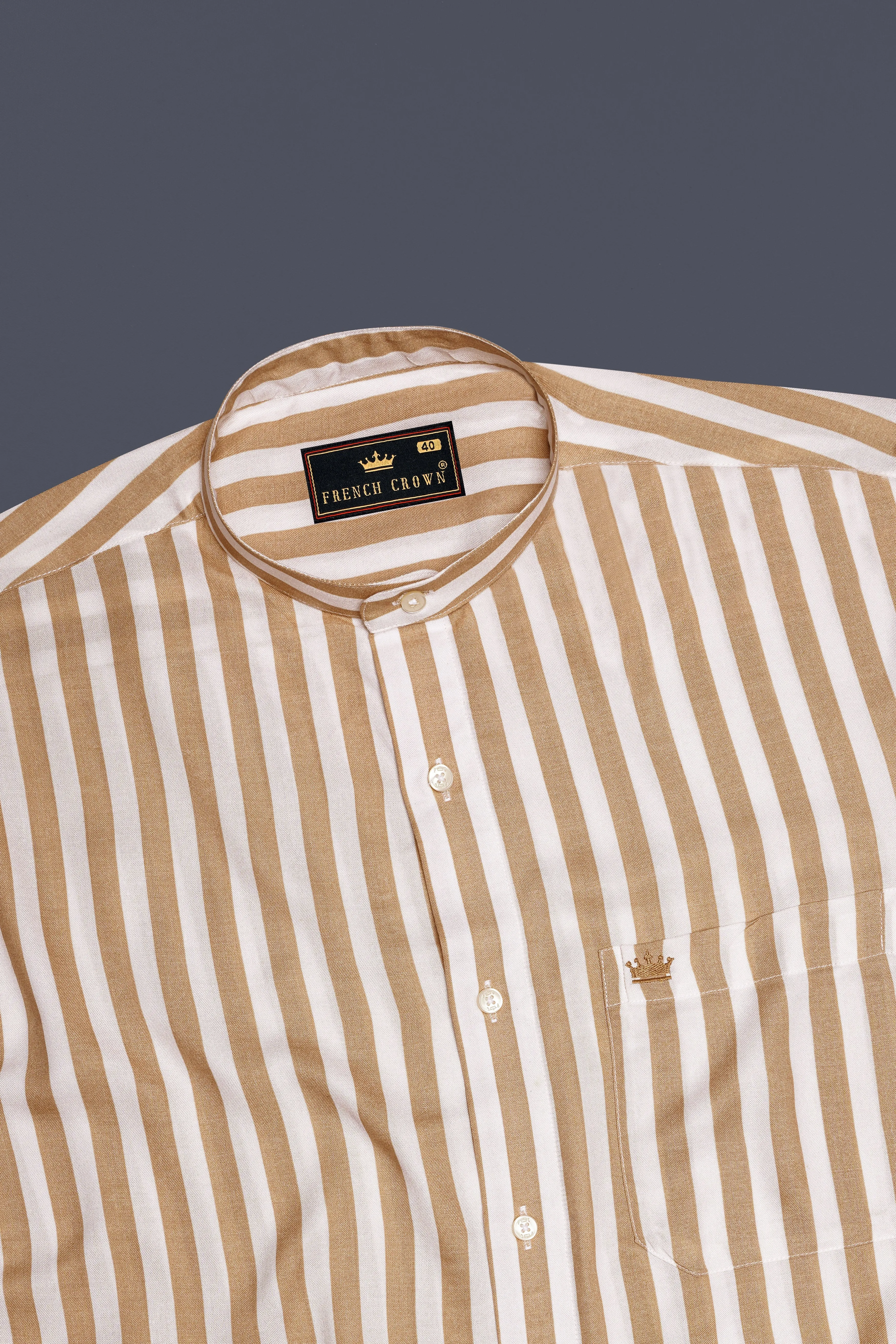 Brunoro-Sandy Brown And Bright White Striped Subtle Sheen Super Soft Premium Cotton Mandarin Dress Shirt sold by French Crown product image thumbnail 5