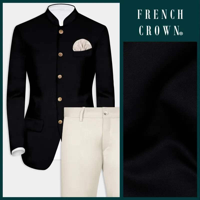 Jade Black Solid Wool Rich Bandhgala Blazer With Mercury Cream Chinos Pant sold by French Crown