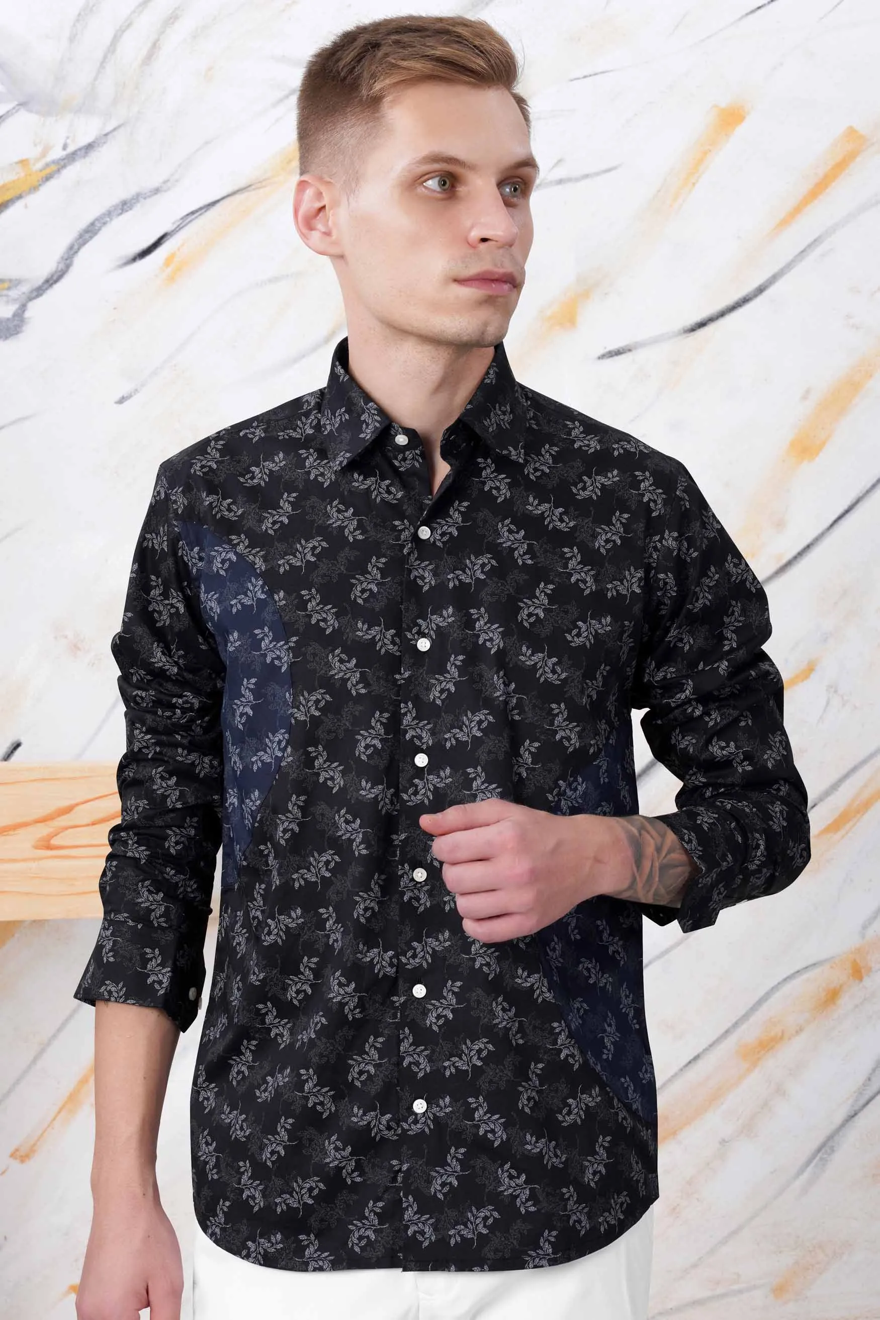 Jade Black with Nickel Gray and Ebony Blue Leaves Printed Subtle Sheen Super Soft Premium Cotton Designer Shirt sold by French Crown product image thumbnail 2