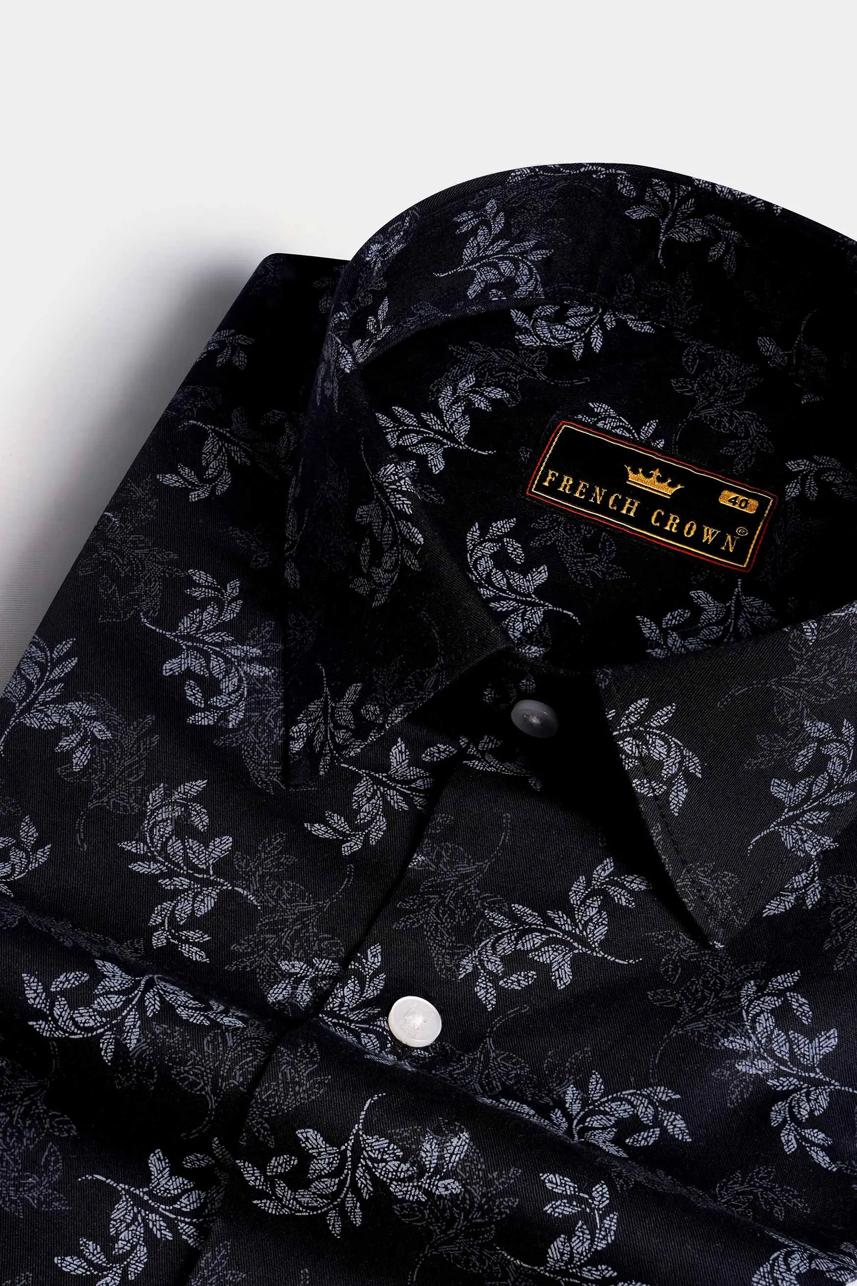 Jade Black with Nickel Gray and Ebony Blue Leaves Printed Subtle Sheen Super Soft Premium Cotton Designer Shirt sold by French Crown product image thumbnail 4