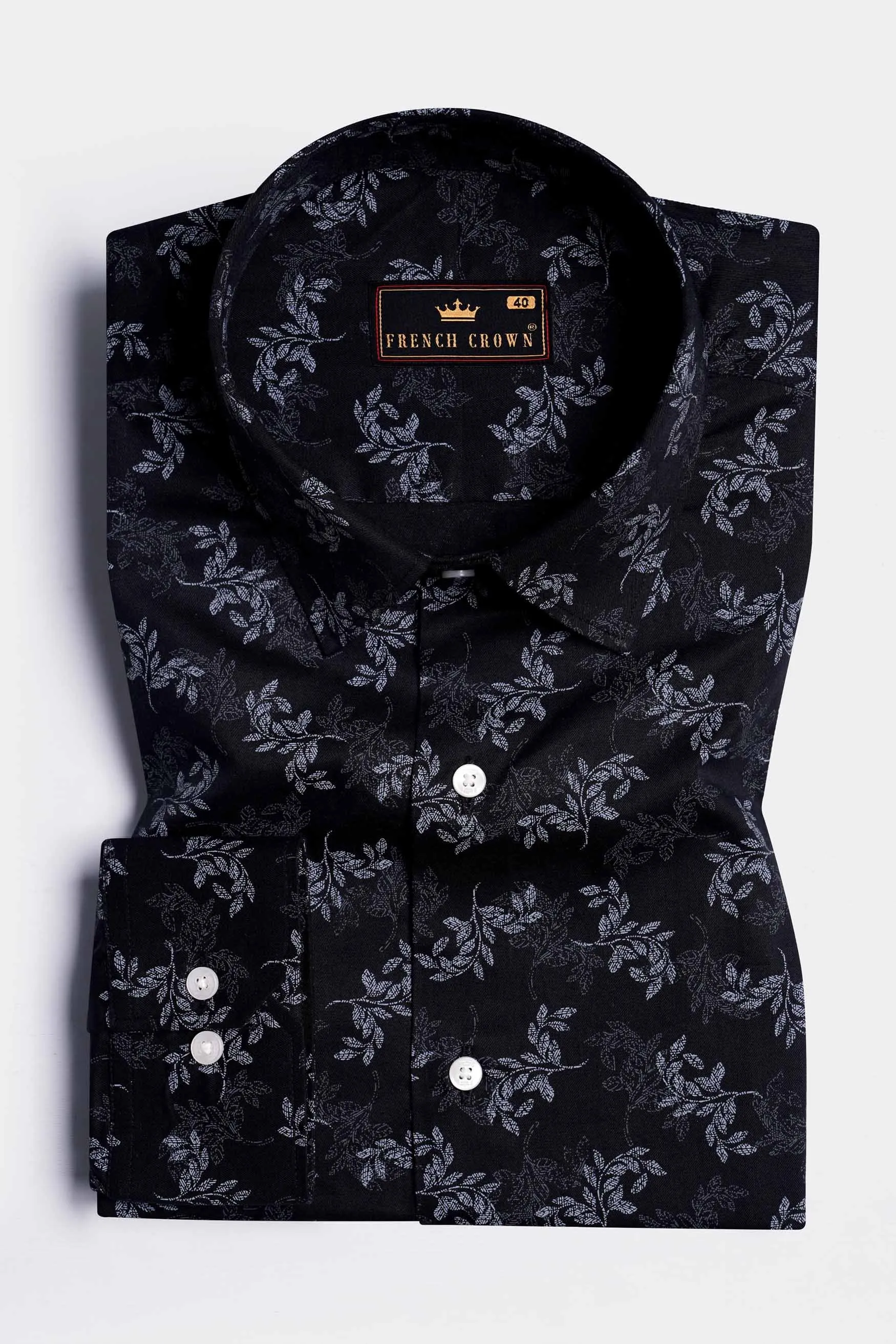 Jade Black with Nickel Gray and Ebony Blue Leaves Printed Subtle Sheen Super Soft Premium Cotton Designer Shirt sold by French Crown product image thumbnail 5