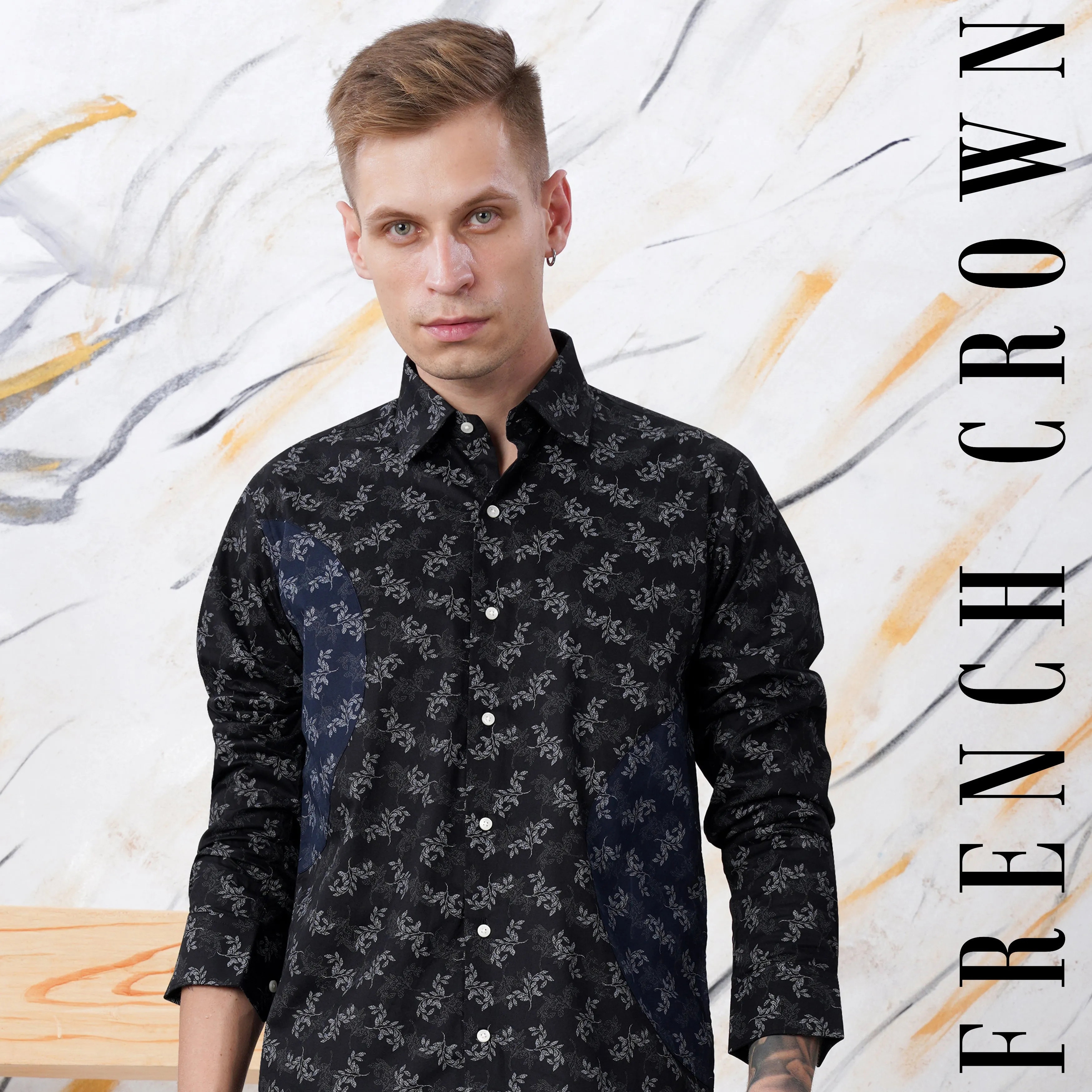 Jade Black with Nickel Gray and Ebony Blue Leaves Printed Subtle Sheen Super Soft Premium Cotton Designer Shirt sold by French Crown