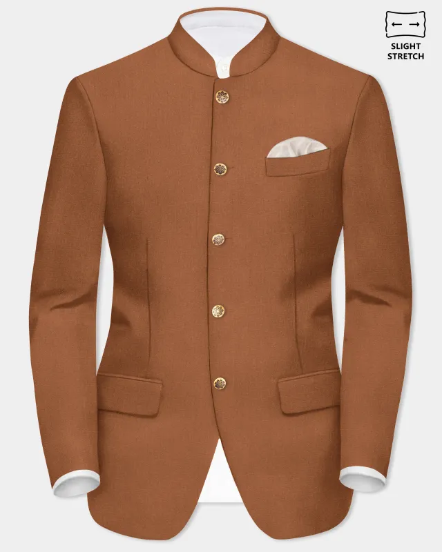 Cinnamon Oak-Sienna Brown Solid Wool Rich Bandhgala Slight Stretch Blazer sold by French Crown