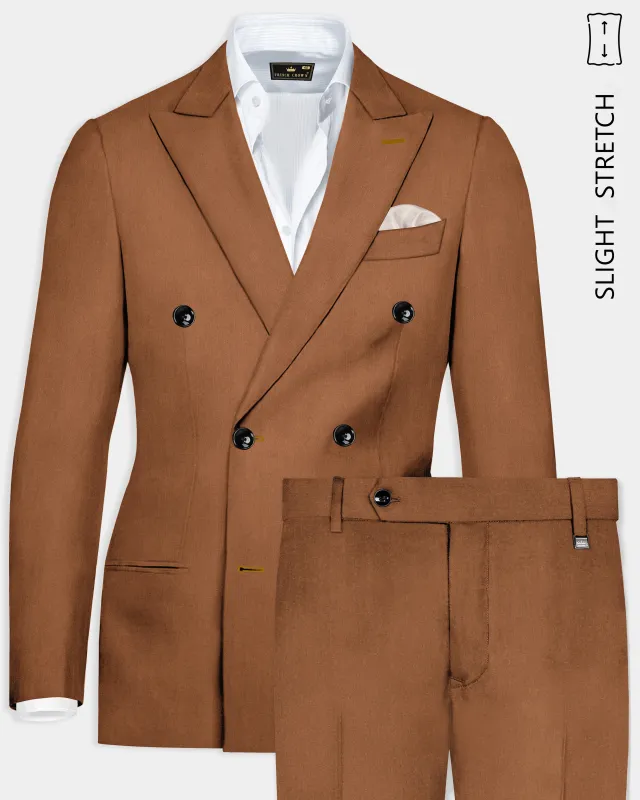 Cinnamon Oak-Sienna Brown Solid Wool Rich Double Breasted Slight Stretch Suit sold by French Crown