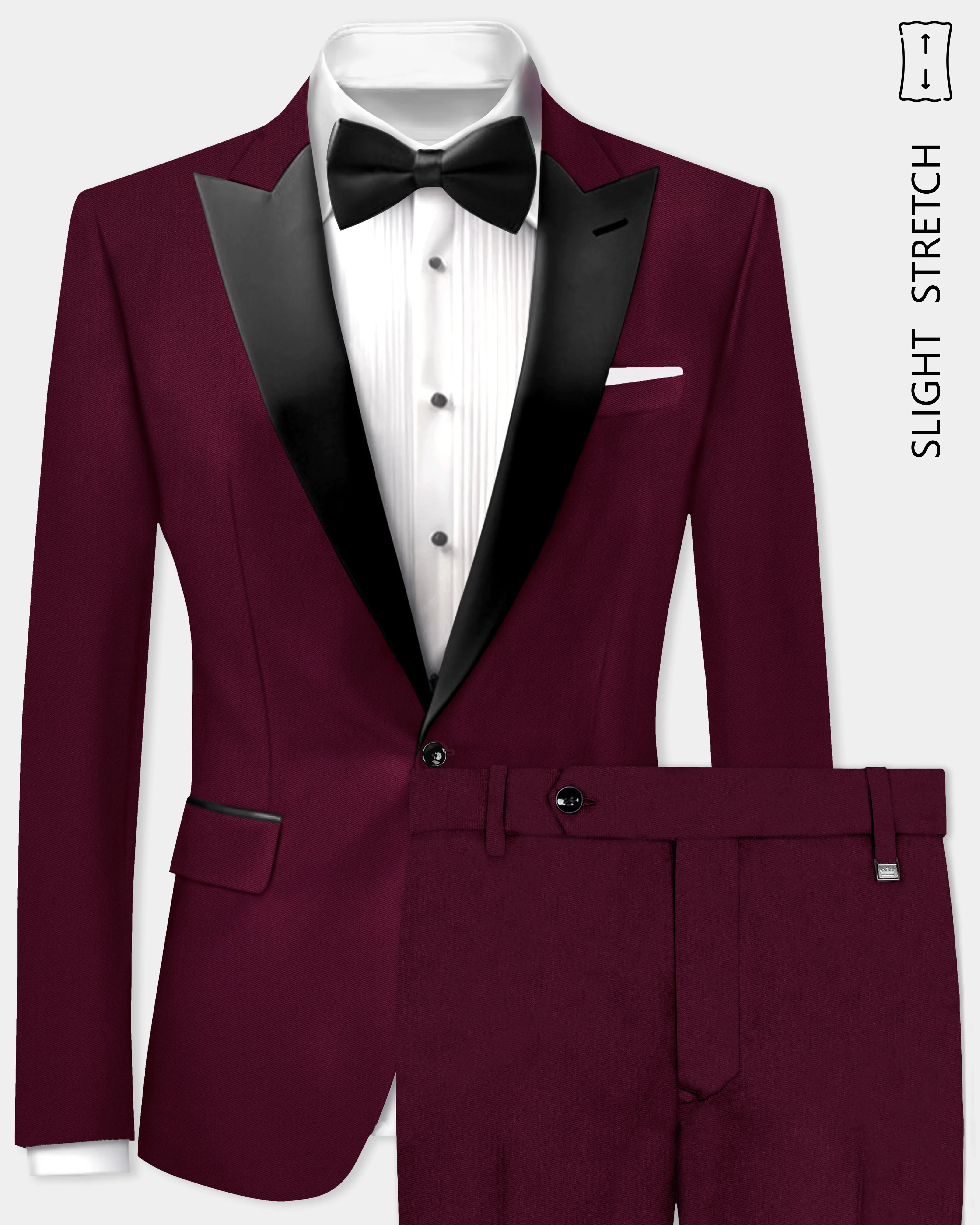 Regal Maroon-Tamarind Solid Wool Rich Peak Lapel Tuxedo Slight Stretch Suit sold by French Crown