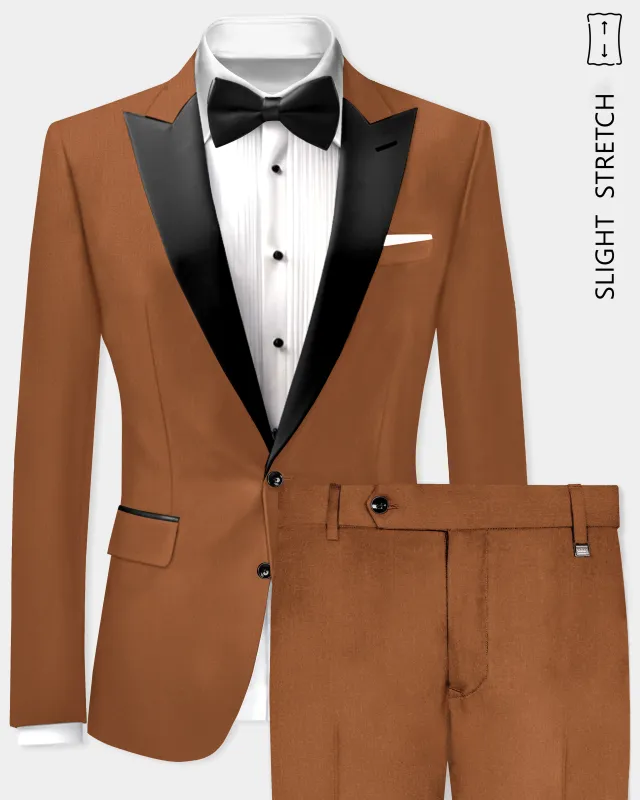 Cinnamon Oak-Sienna Brown Solid Wool Rich Peak Lapel Tuxedo Slight Stretch Suit sold by French Crown