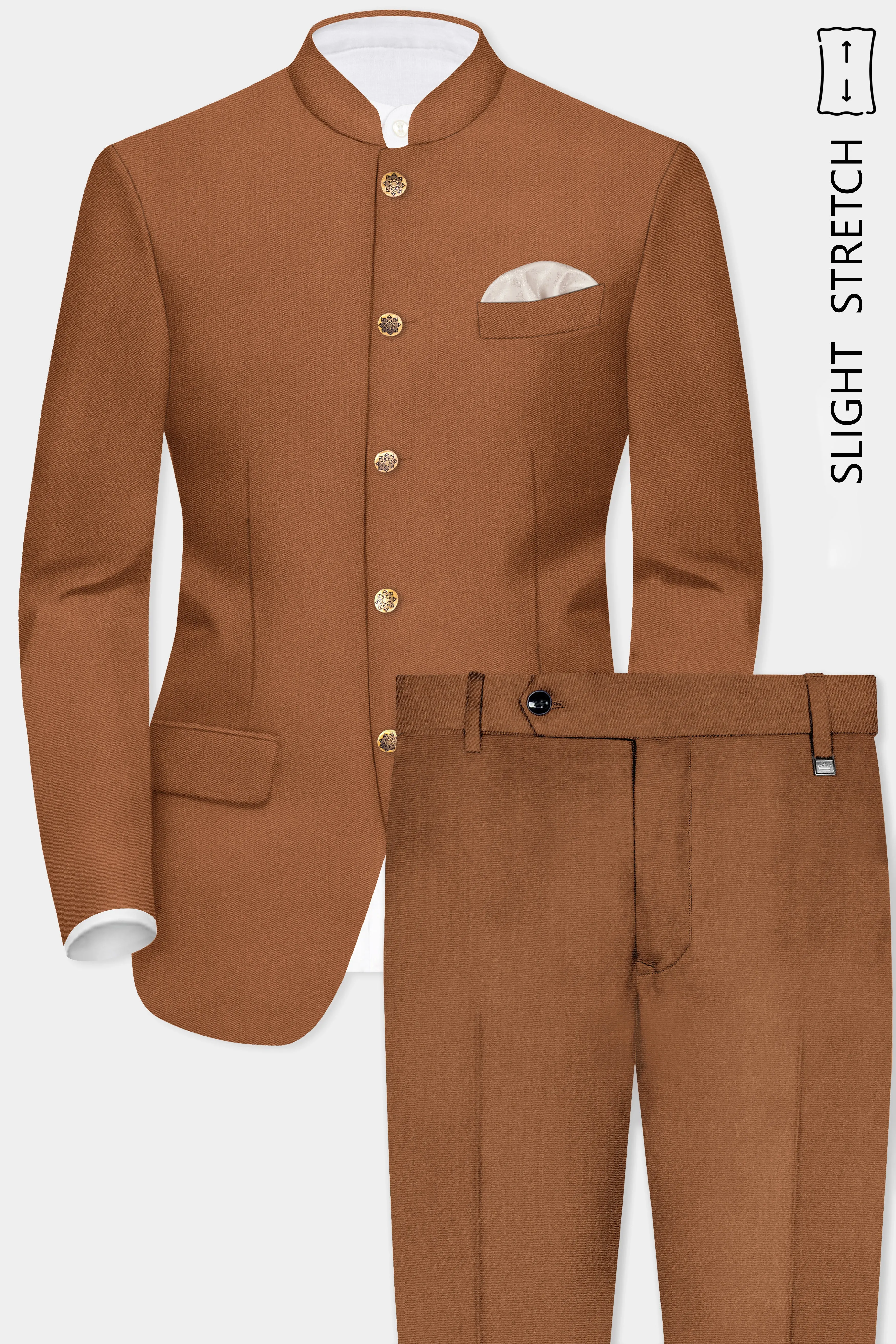 Cinnamon Oak-Sienna Brown Solid Wool Rich Bandhgala Slight Stretch Suit sold by French Crown product image thumbnail 2