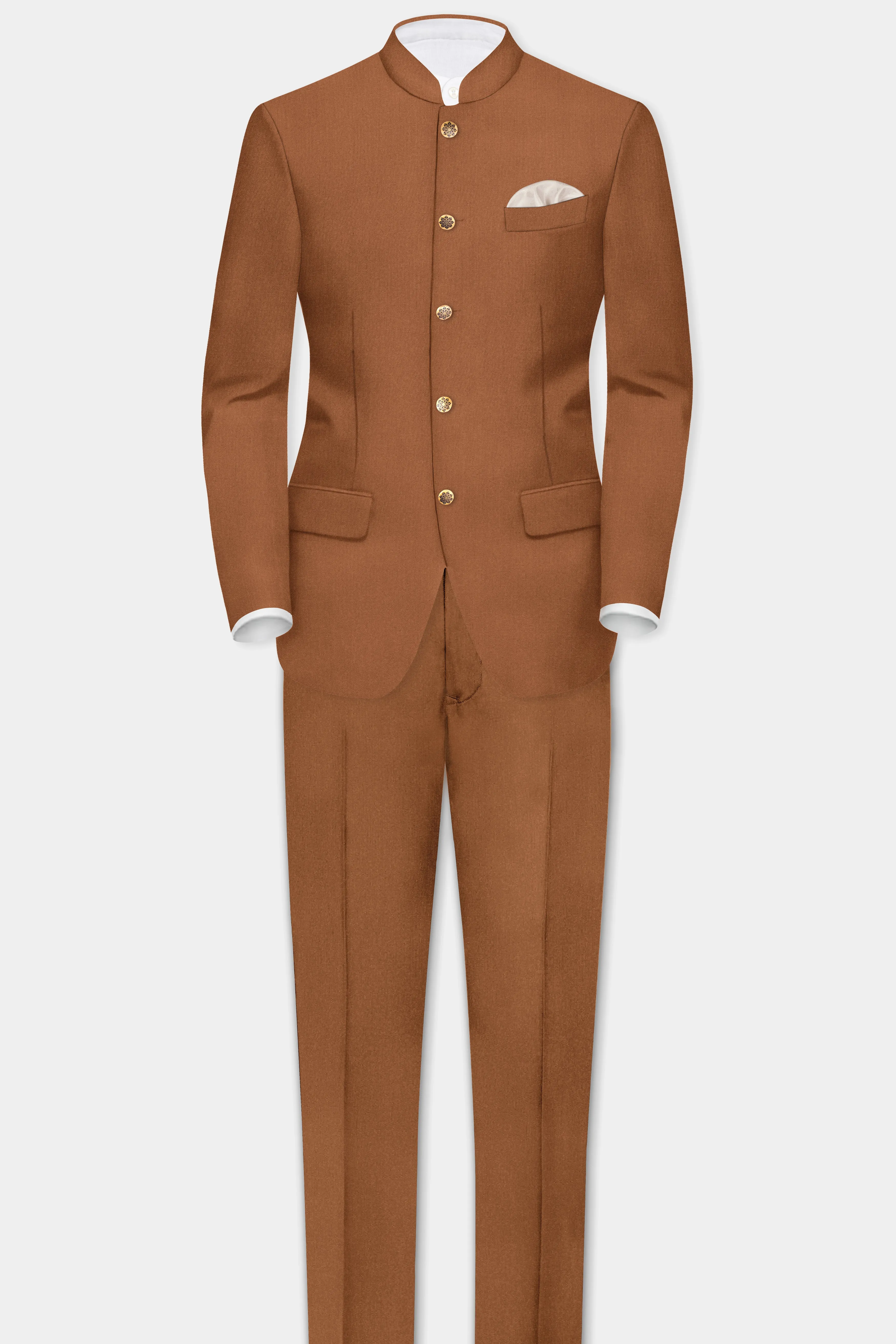 Cinnamon Oak-Sienna Brown Solid Wool Rich Bandhgala Slight Stretch Suit sold by French Crown product image thumbnail 4