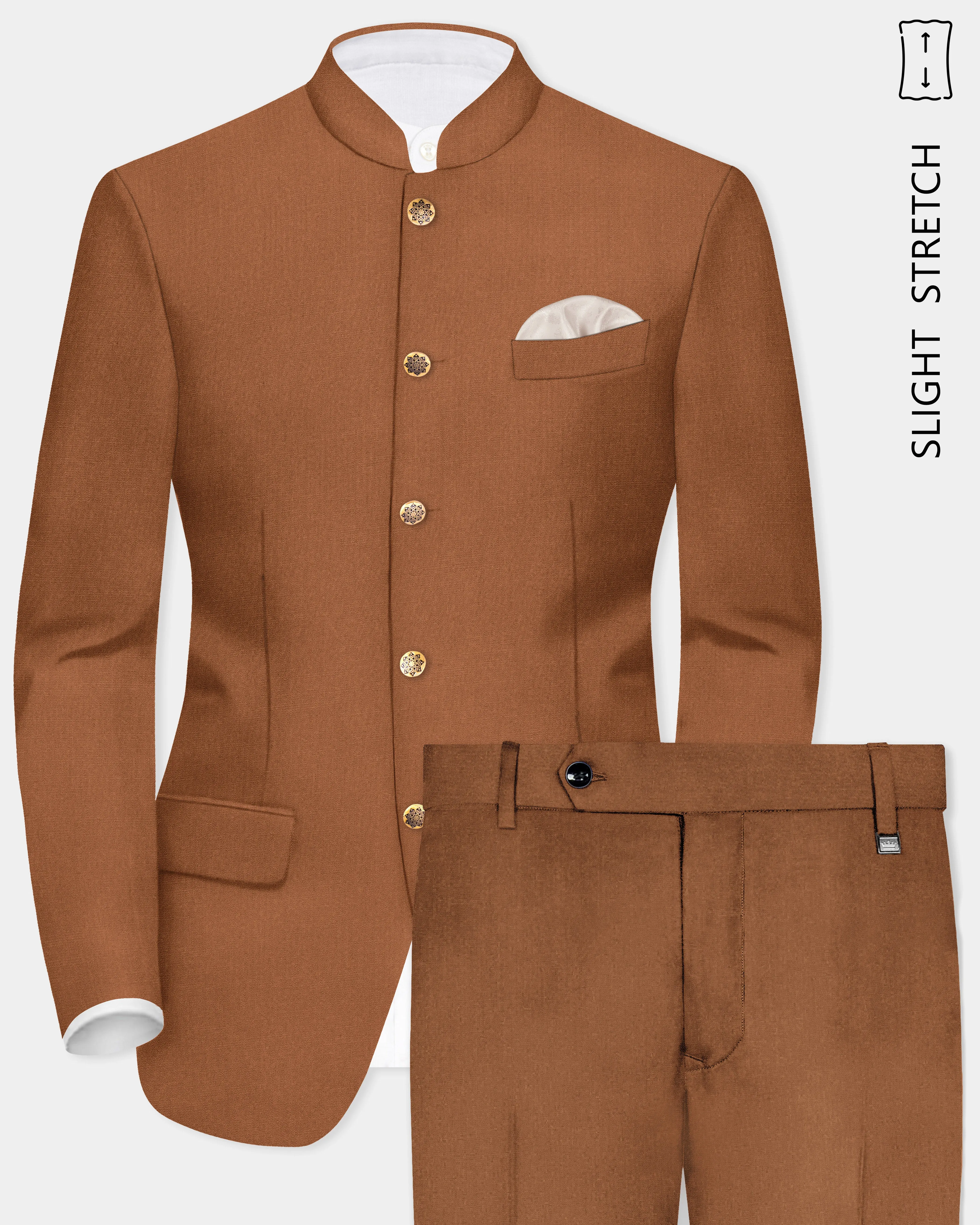 Cinnamon Oak-Sienna Brown Solid Wool Rich Bandhgala Slight Stretch Suit sold by French Crown