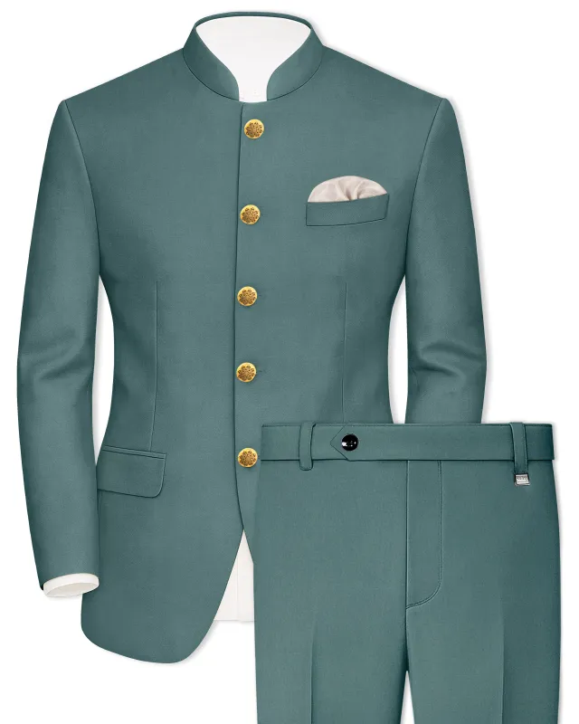Travliam-William Green Wool Rich Bandhgala Slight Stretch Suit sold by French Crown