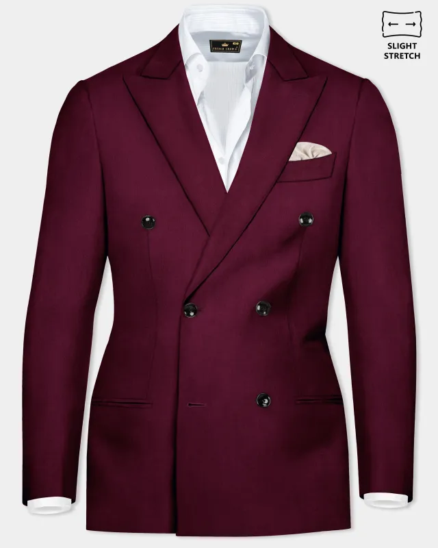 Regal Maroon-Tamarind Solid Wool Rich Double Breasted Slight Stretch Blazer sold by French Crown