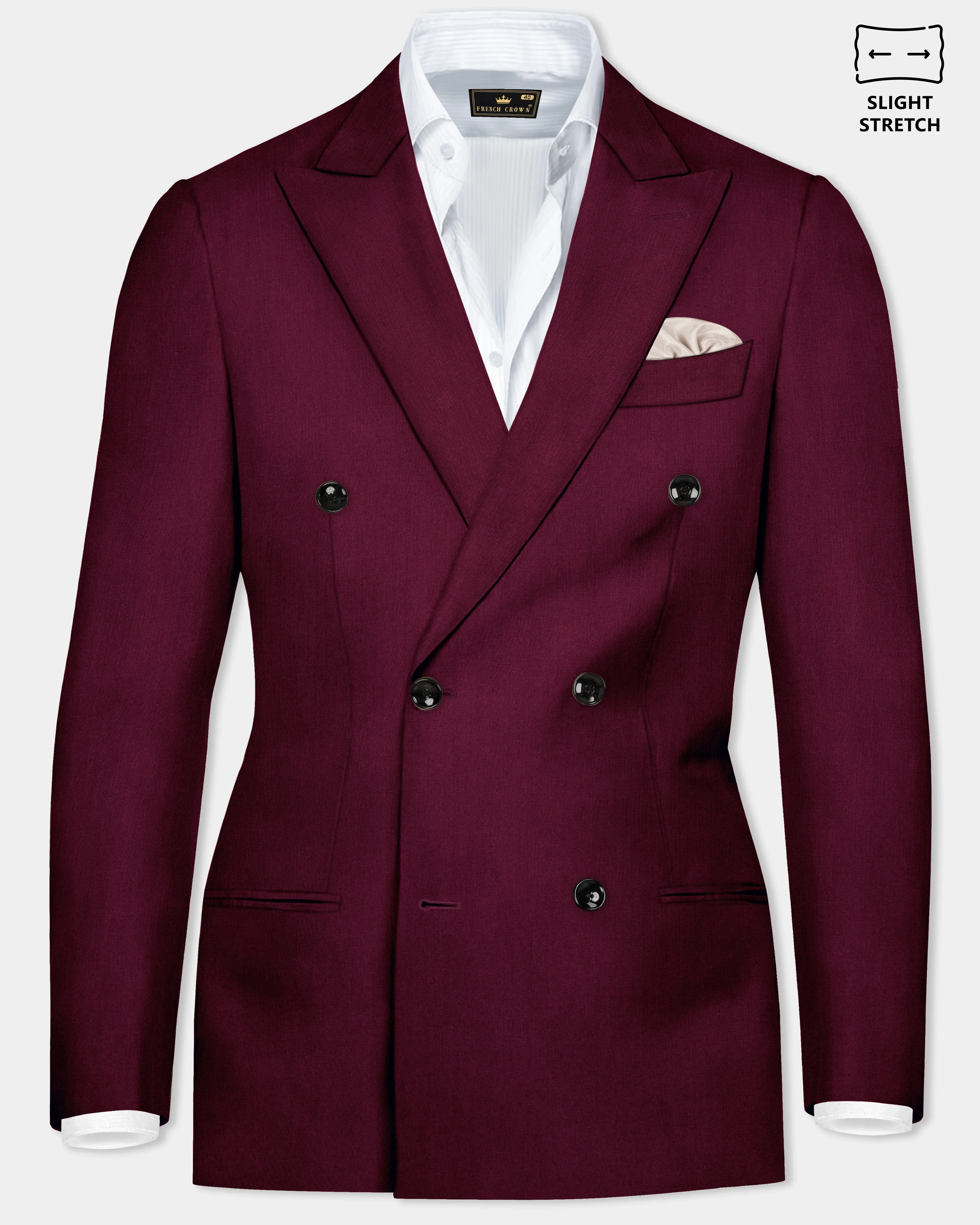 Regal Maroon-Tamarind Solid Wool Rich Double Breasted Slight Stretch Blazer sold by French Crown