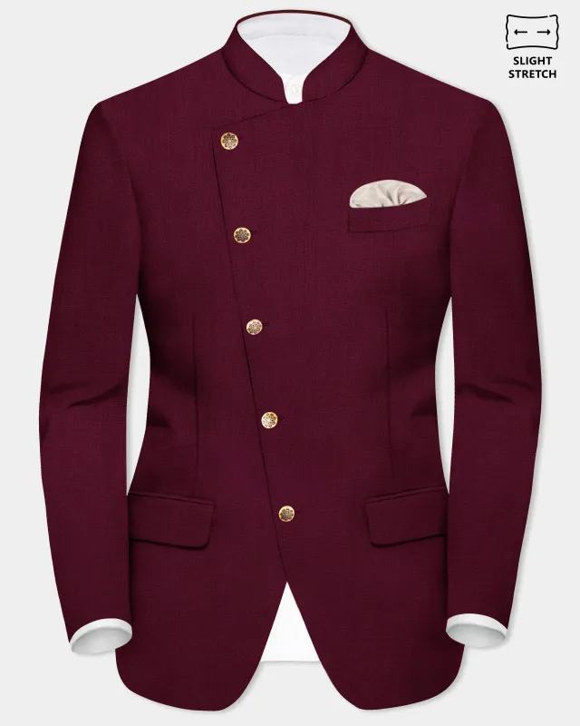 Regal Maroon-Tamarind Solid Wool Rich Cross Placket Bandhgala Slight Stretch Blazer sold by French Crown