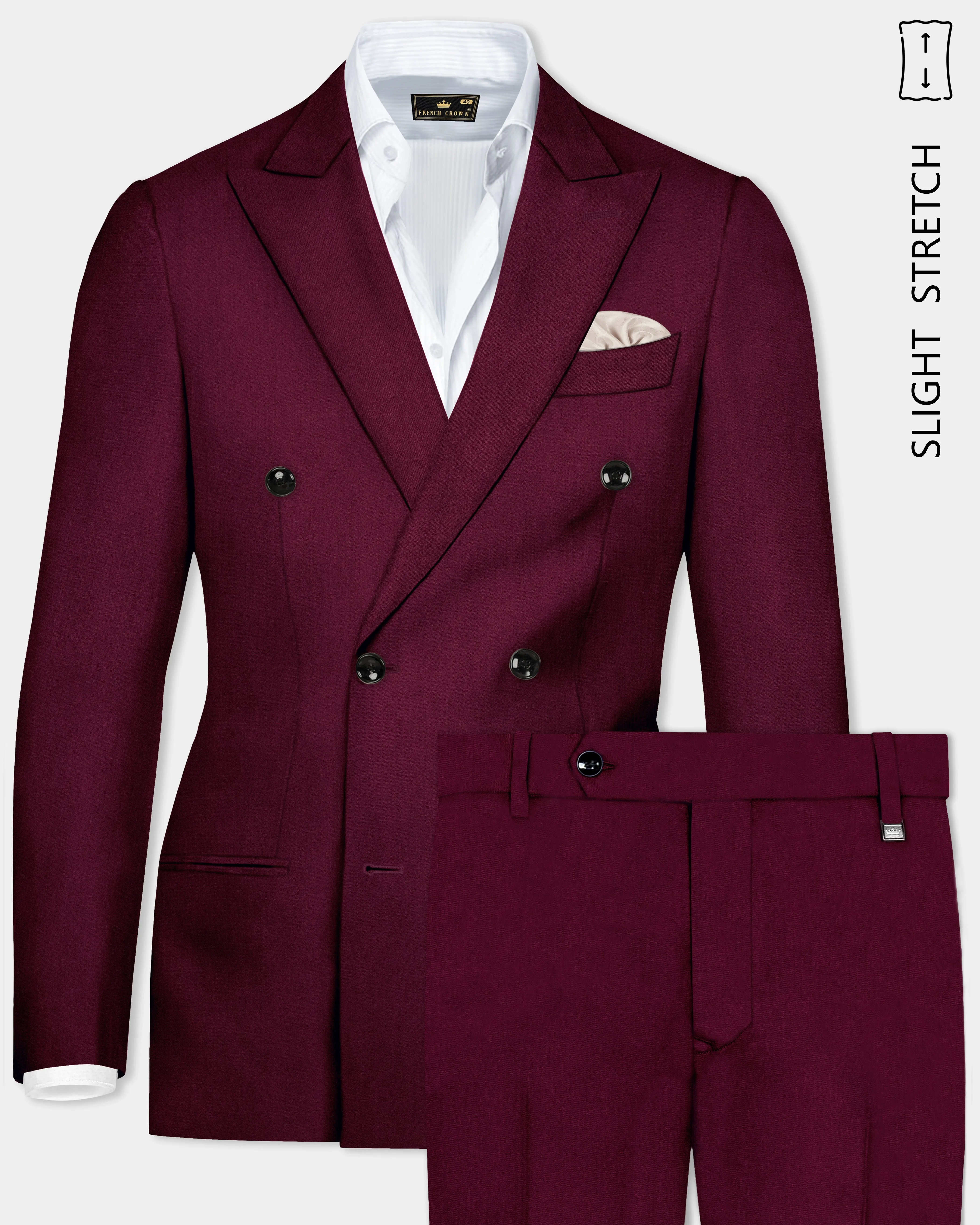 Regal Maroon-Tamarind Solid Wool Rich Double Breasted Slight Stretch Suit sold by French Crown