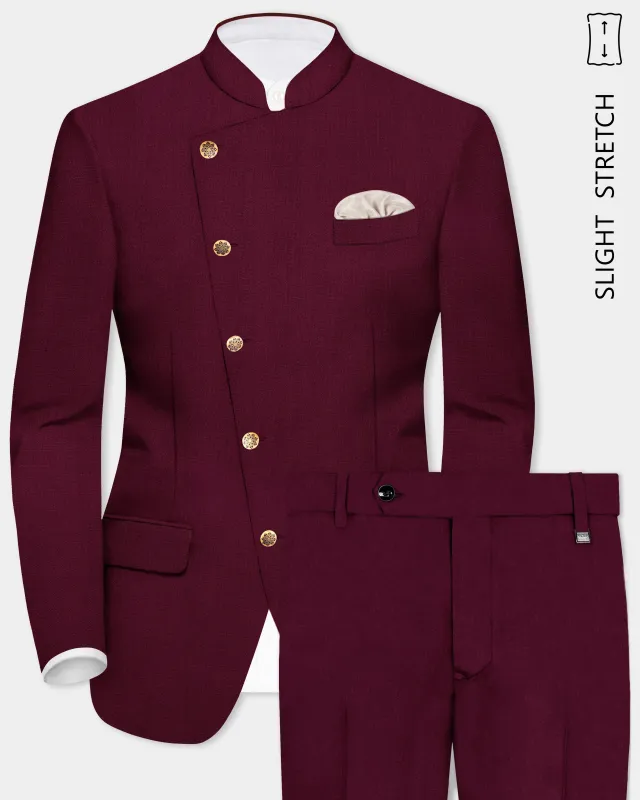 Regal Maroon-Tamarind Solid Wool Rich Cross Placket Bandhgala Slight Stretch Suit sold by French Crown