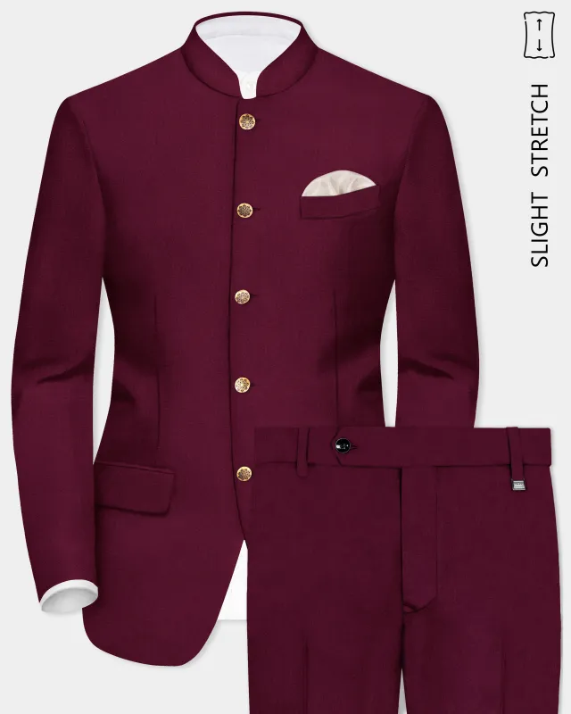 Regal Maroon-Tamarind Solid Wool Rich Bandhgala Slight Stretch Suit sold by French Crown