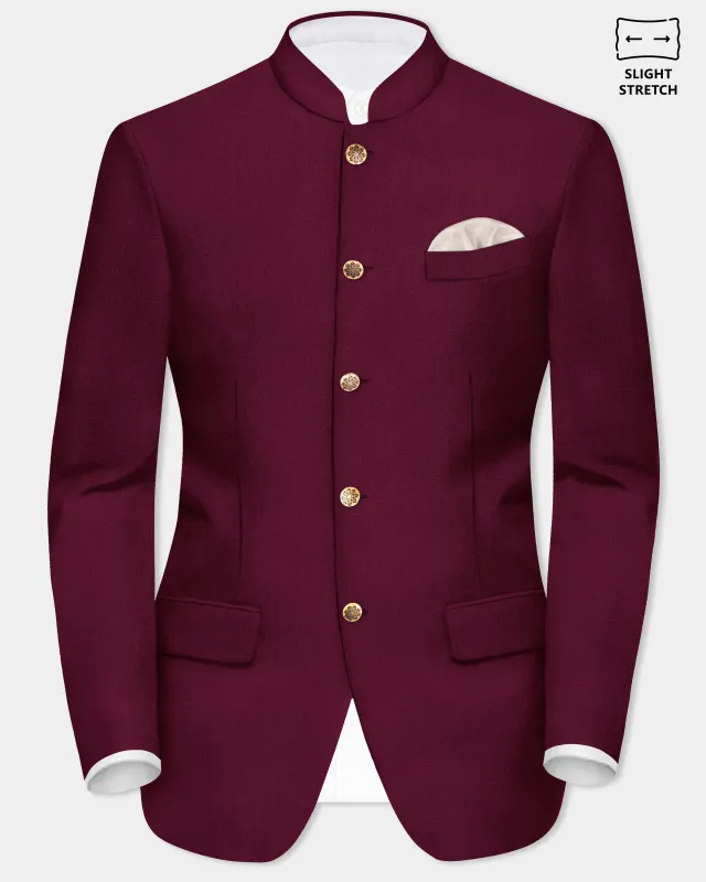 Regal Maroon-Tamarind Solid Wool Rich Bandhgala Slight Stretch Blazer sold by French Crown