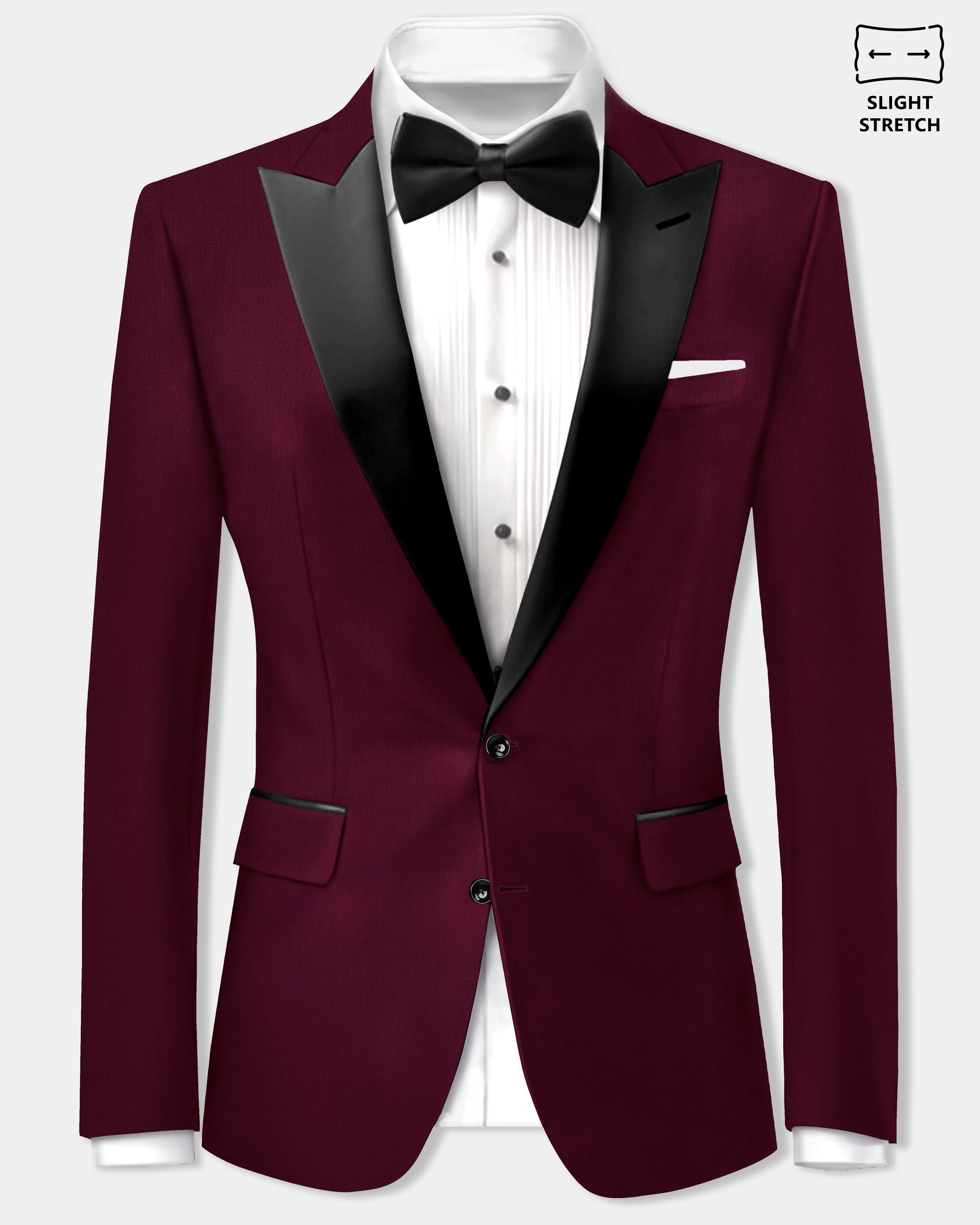Regal Maroon-Tamarind Solid Wool Rich Peak Lapel Tuxedo Slight Stretch Blazer sold by French Crown