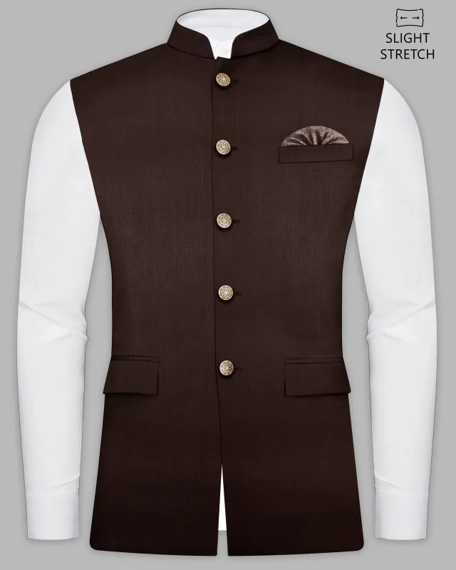 Espresso-Hickory Brown Solid Wool Rich Slight Stretch Nehru Jacket sold by French Crown
