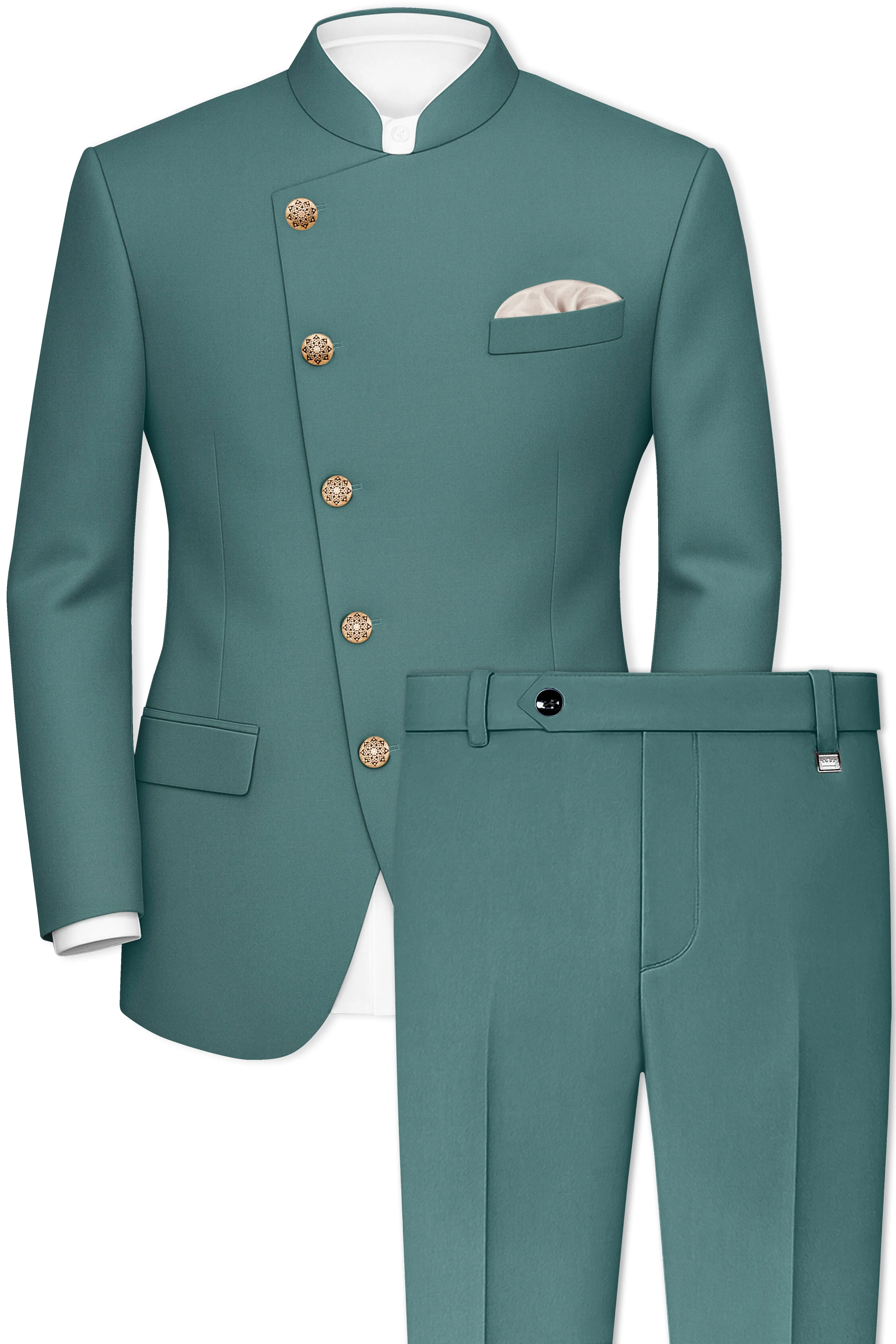 Travliam-William Green Wool Rich Cross Placket Bandhgala Slight Stretch Suit sold by French Crown product image thumbnail 2