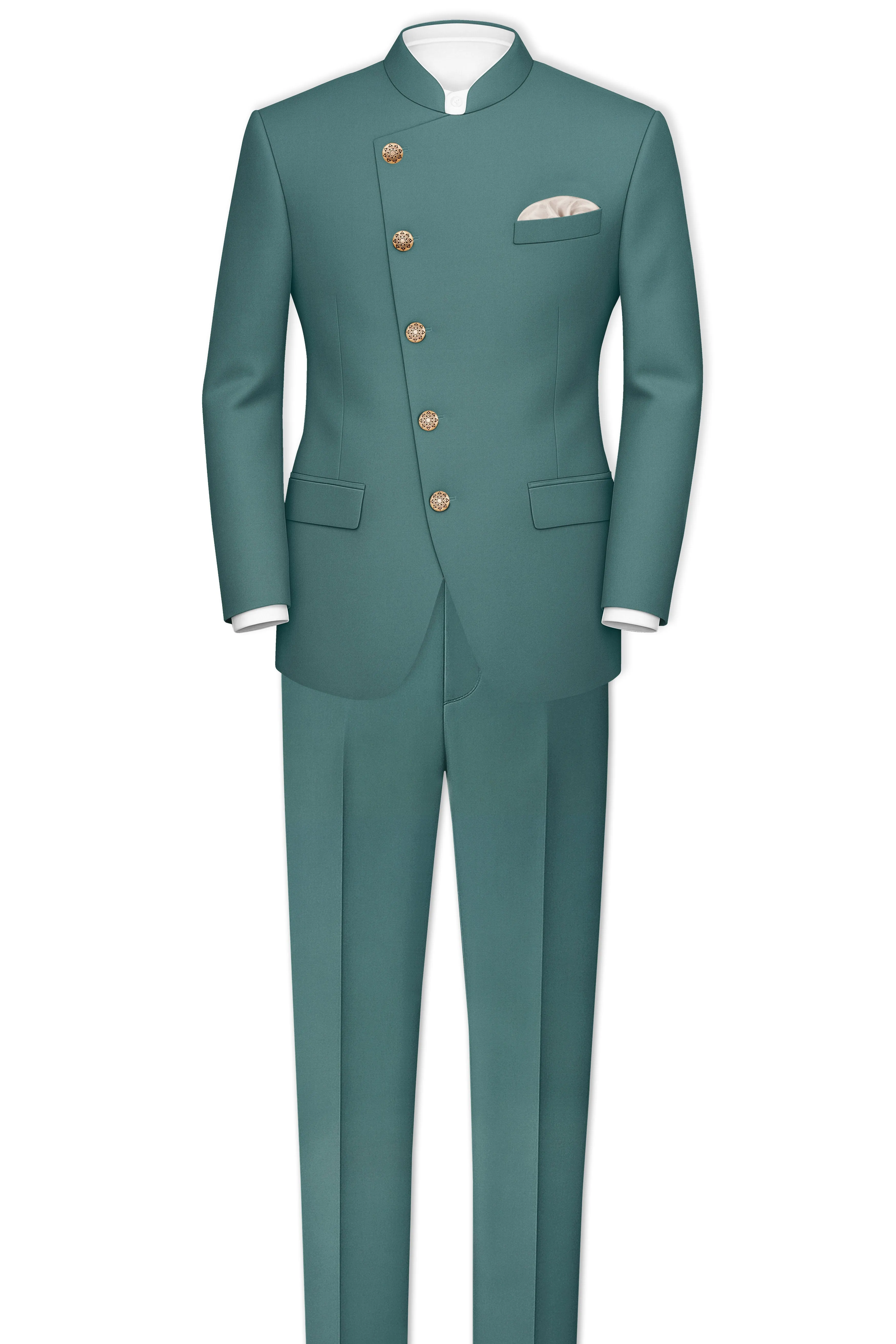 Travliam-William Green Wool Rich Cross Placket Bandhgala Slight Stretch Suit sold by French Crown product image thumbnail 4