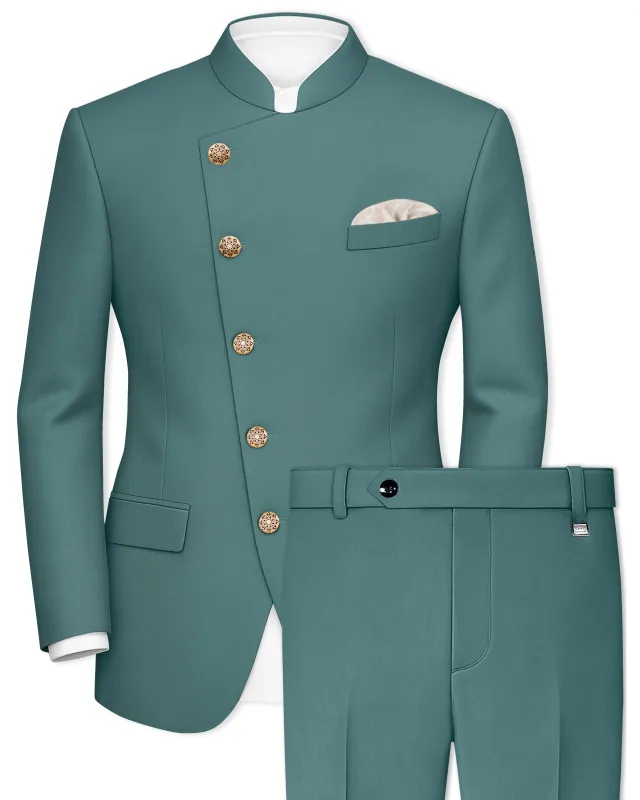 Travliam-William Green Wool Rich Cross Placket Bandhgala Slight Stretch Suit sold by French Crown