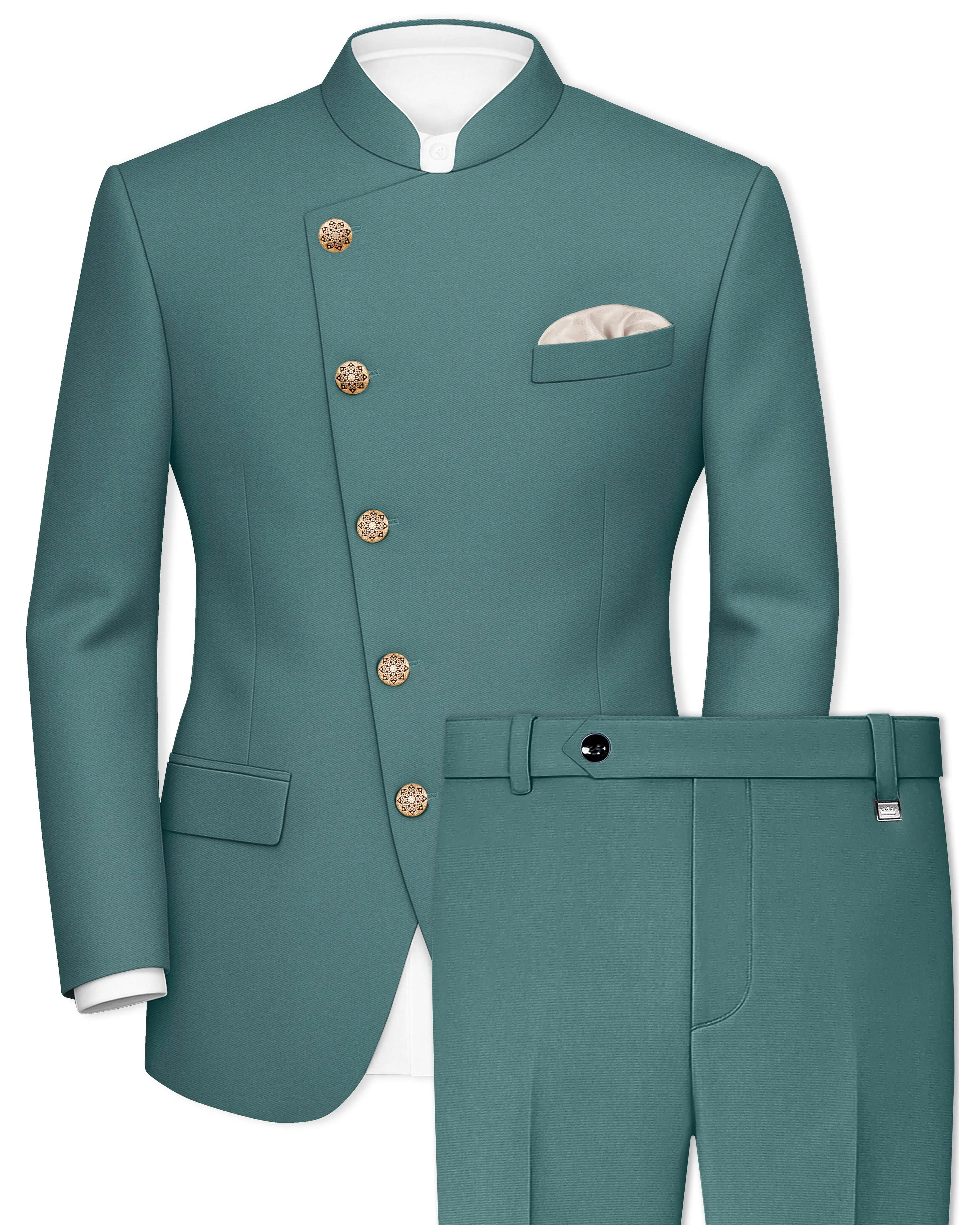 Travliam-William Green Wool Rich Cross Placket Bandhgala Slight Stretch Suit sold by French Crown