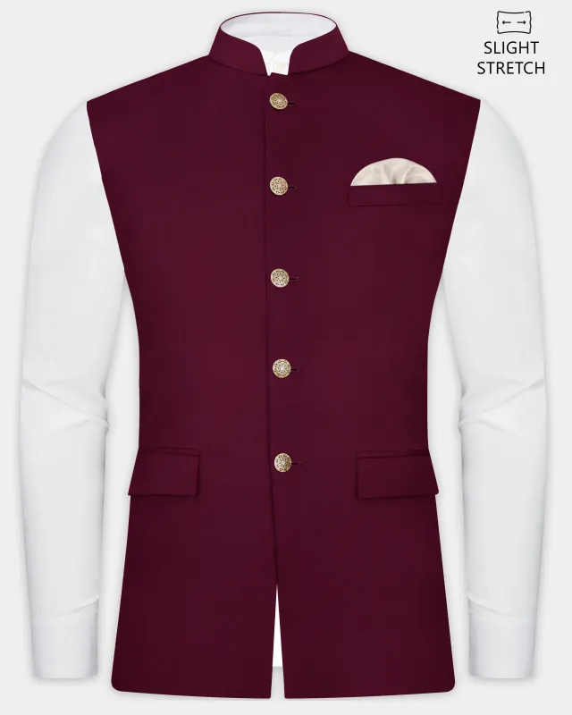 Regal Maroon-Tamarind Solid Wool Rich Slight Stretch Nehru Jacket sold by French Crown