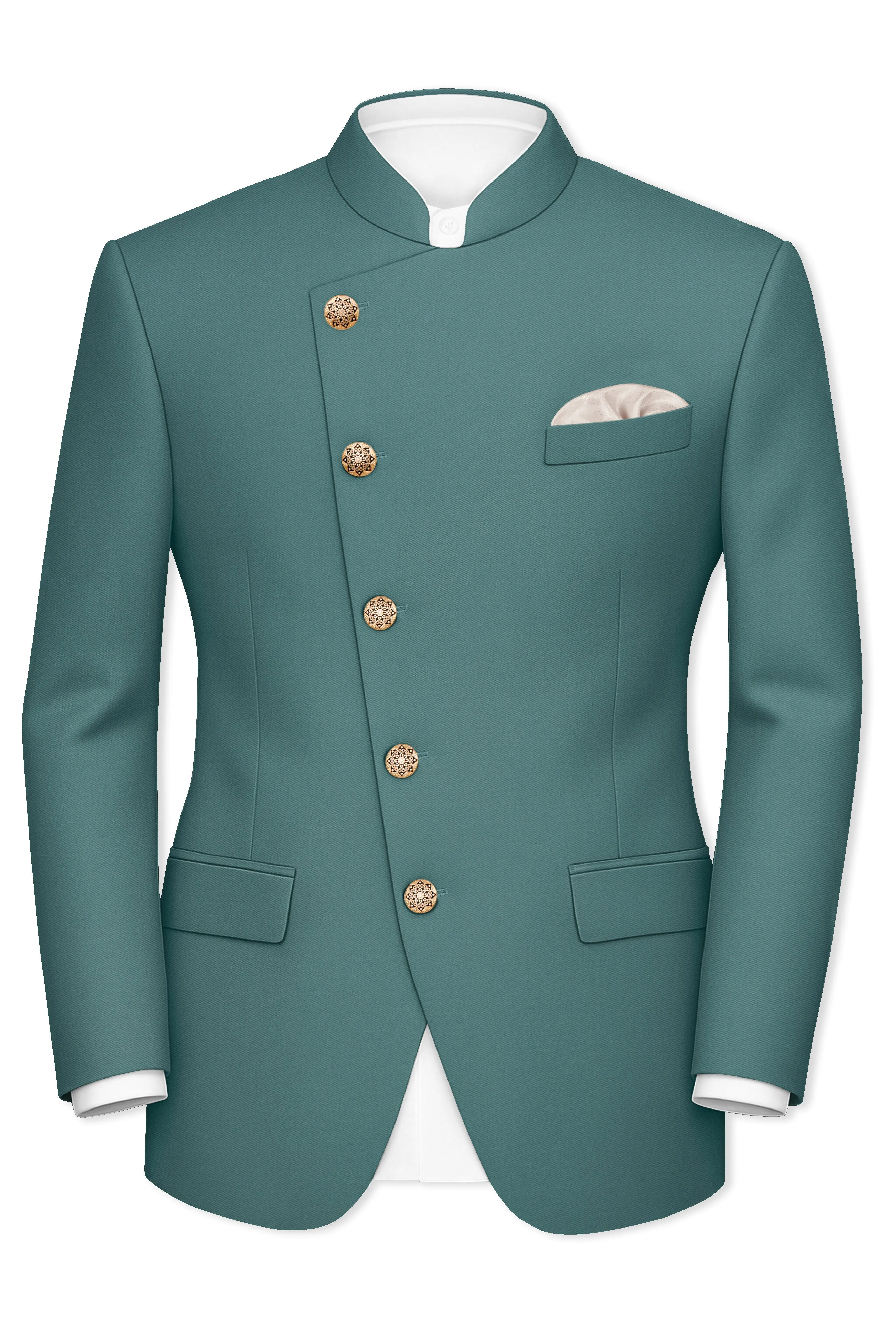 Travliam-William Green Wool Rich Cross Placket Bandhgala Slight Stretch Blazer sold by French Crown product image thumbnail 2