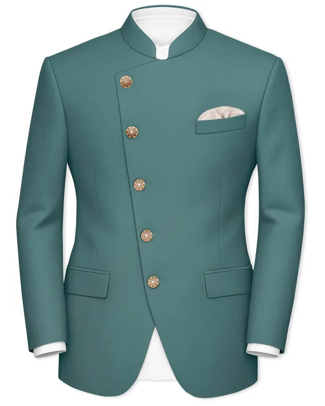 Travliam-William Green Wool Rich Cross Placket Bandhgala Slight Stretch Blazer sold by French Crown