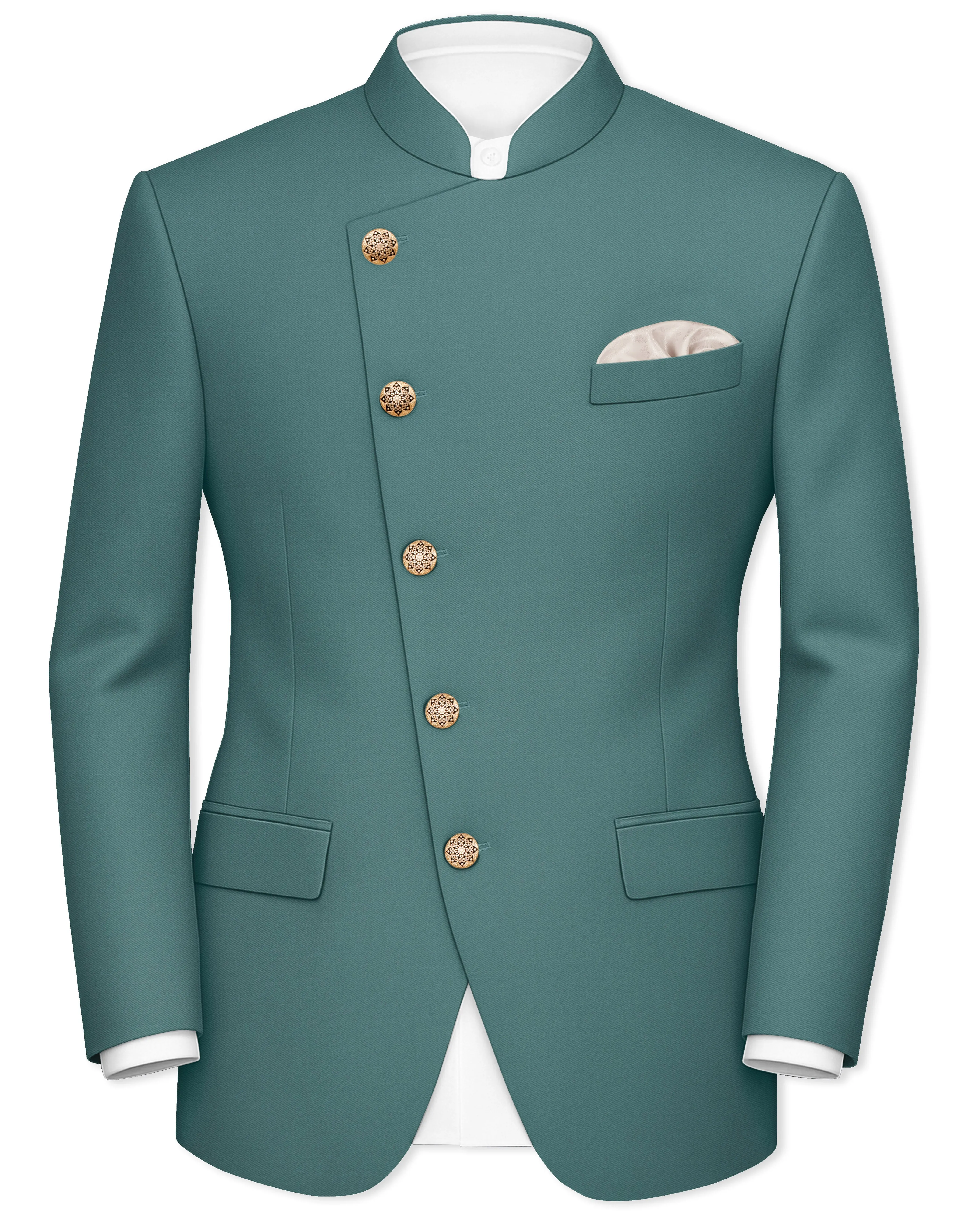 Travliam-William Green Wool Rich Cross Placket Bandhgala Slight Stretch Blazer sold by French Crown