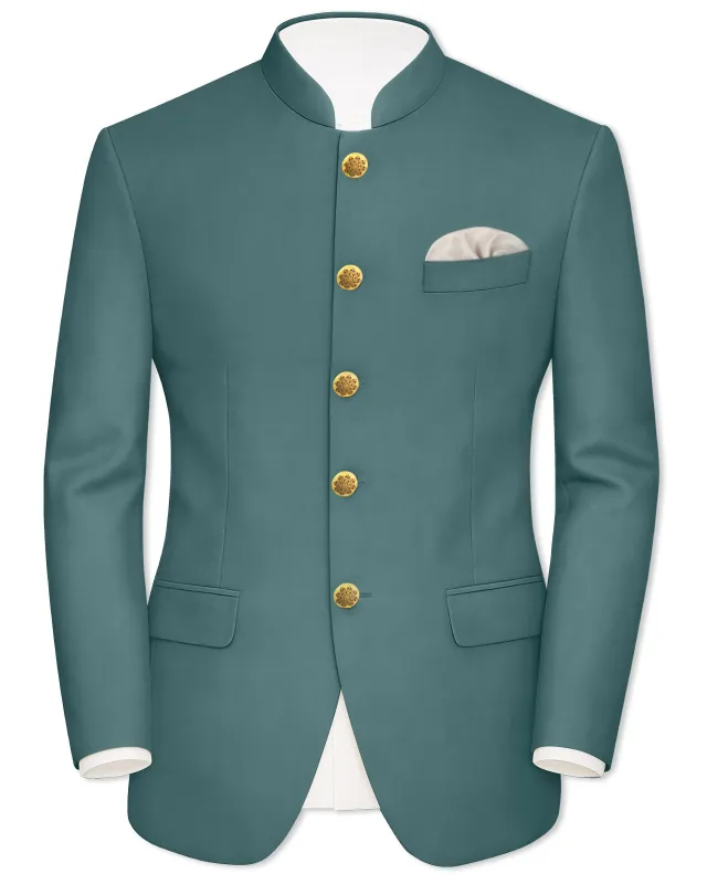 Travliam-William Green Wool Rich Bandhgala Slight Stretch Blazer sold by French Crown
