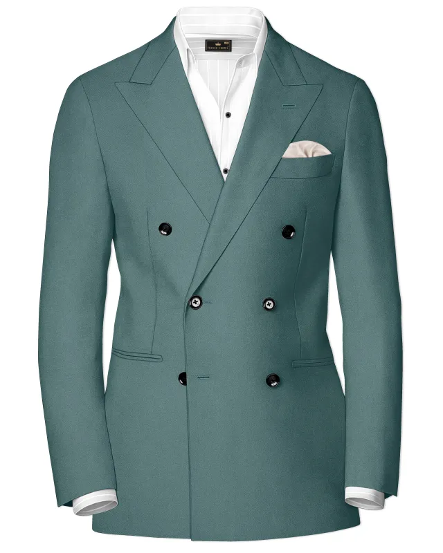 Travliam-William Green Wool Rich Double Breasted Slight Stretch Blazer sold by French Crown