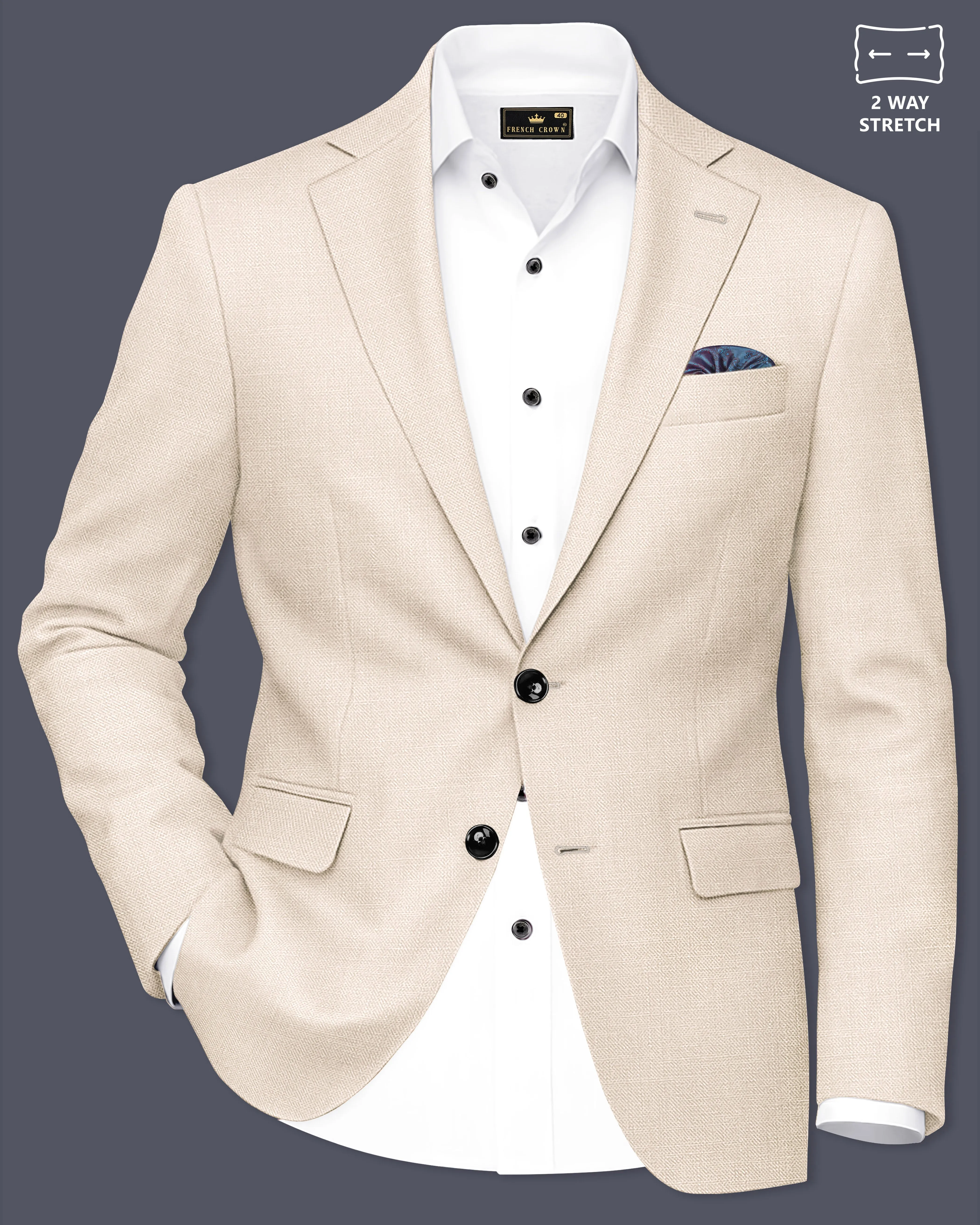 Ivoreo-Merino Cream Luxurious Linen Single Breasted Stretchable traveler Blazer sold by French Crown