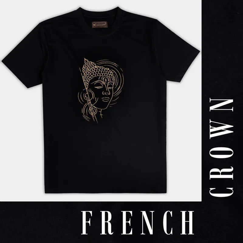 Jade Black Buddha Mandala Embroidered heavyweight Premium Cotton Designer T Shirt made by French Crown