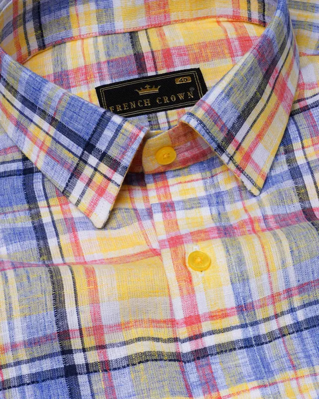 Fall Leaf Yellow and Yonder Blue Plaid Chambray Textured Premium Cotton Shirt sold by French Crown