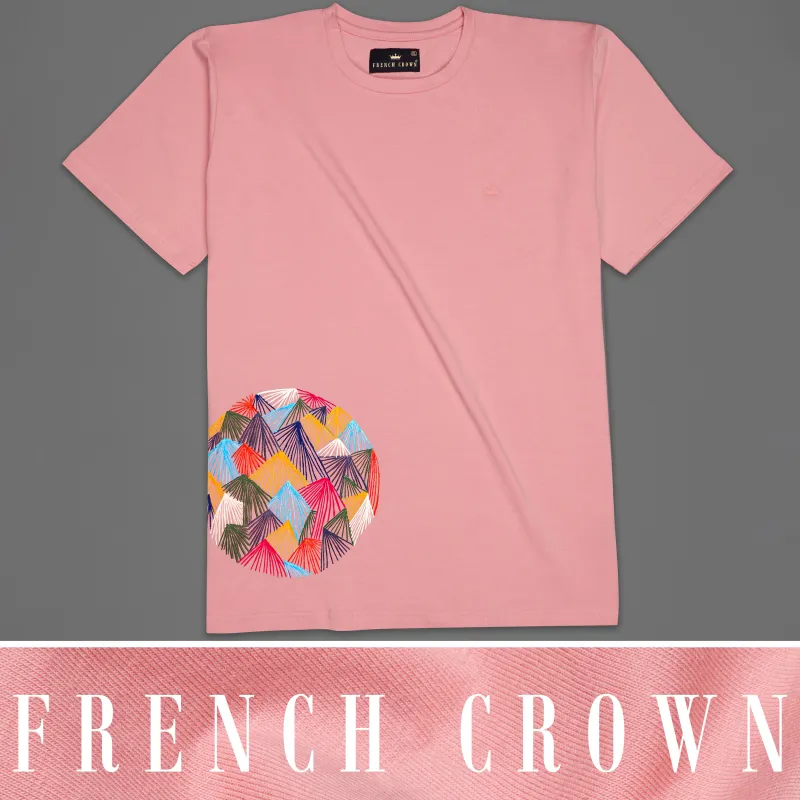 Light Thulian Pink with Multicolour Mountain Like Hand Painted Organic Cotton T-shirt sold by French Crown