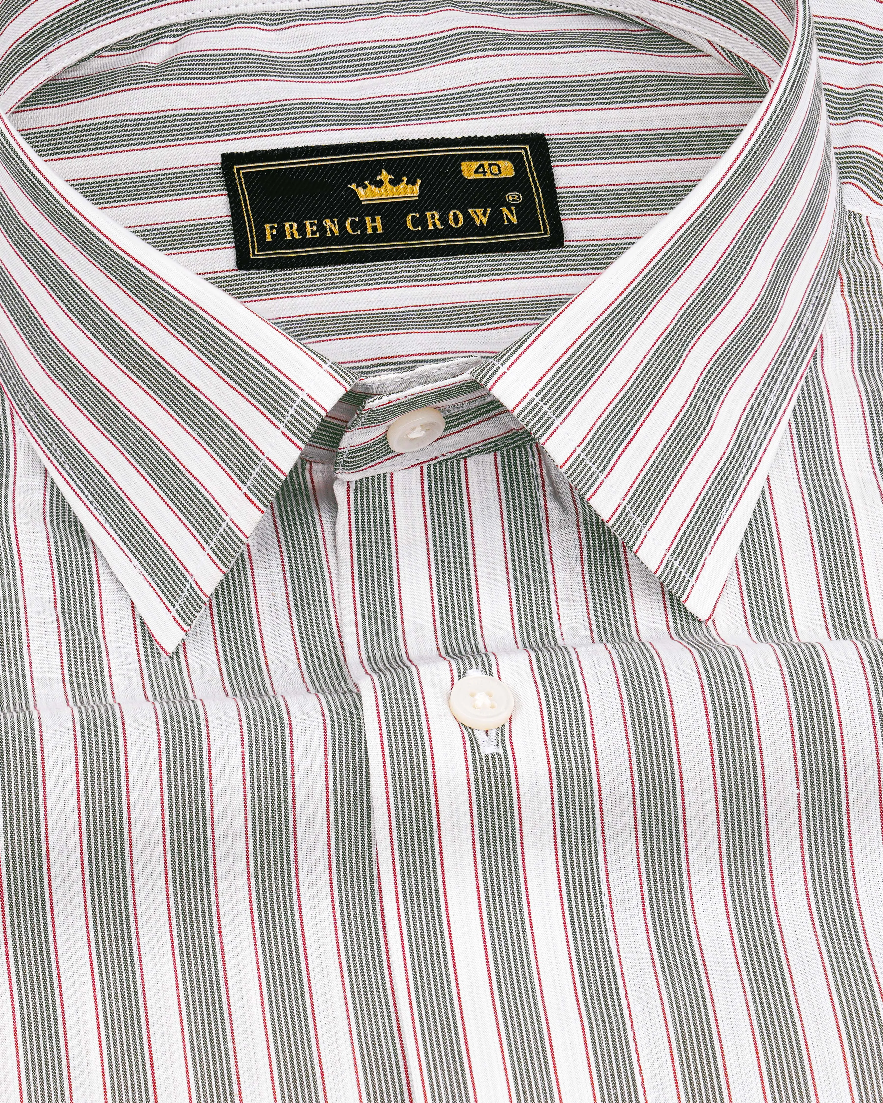 Bright White with Mallard Green and Monza Red Striped Premium Cotton Shirt sold by French Crown