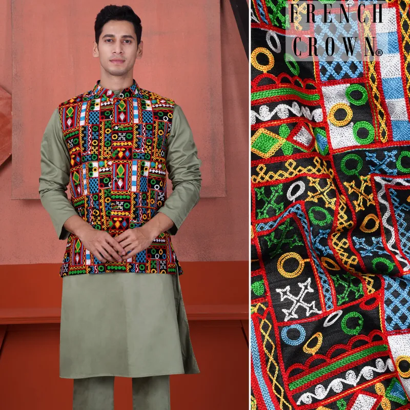 Olive Green Cotton Thread Embroidered Designer Kurta With Nehru Jacket sold by French Crown