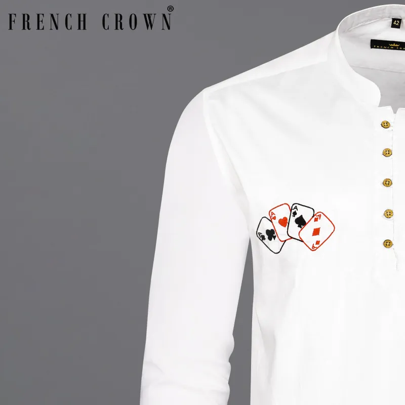 Bright White Subtle Sheen with Multicolour Card Embroidered Super Soft Premium Cotton Kurta Shirt sold by French Crown