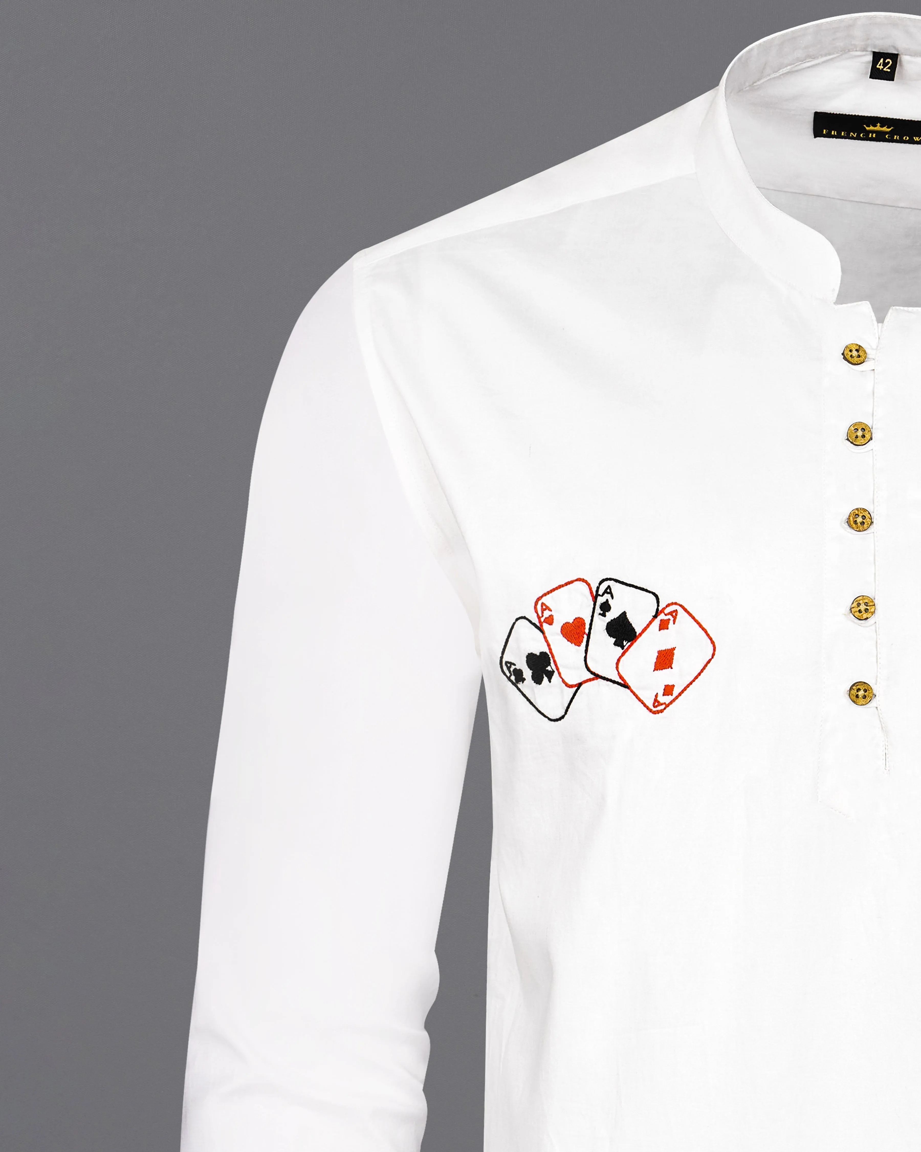 Bright White Subtle Sheen with Multicolour Card Embroidered Super Soft Premium Cotton Kurta Shirt sold by French Crown product image thumbnail 2