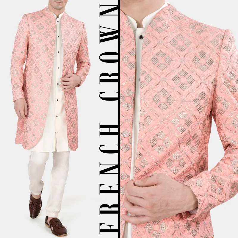 Blush Pink and Alabaster Cream Embroidered With Sequins Work Indo Western With Kurta and Pant Set sold by French Crown