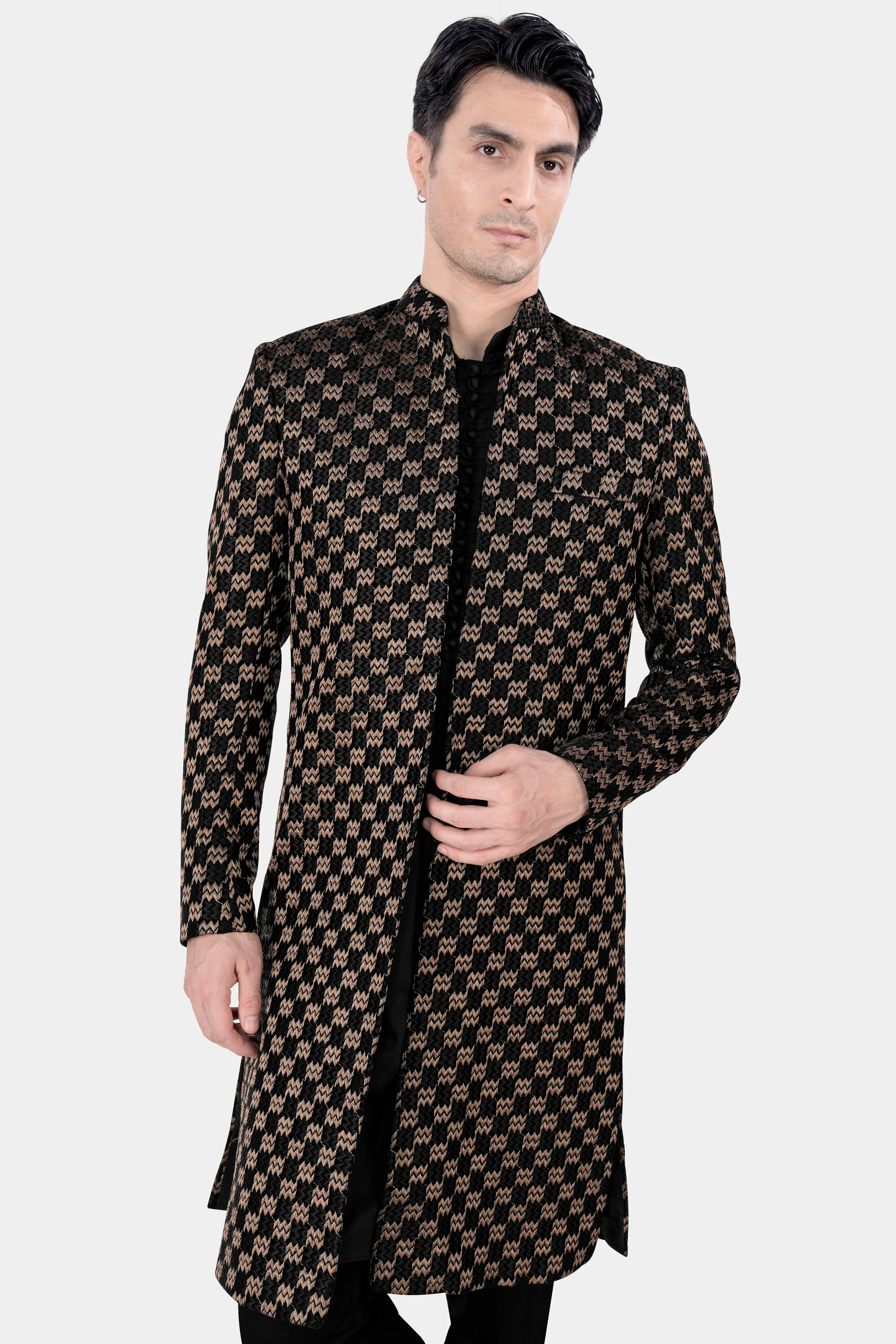 Jade Black and Toast Brown Zig Zag Embroidered Indo Western with Black Kurta and Pant Set sold by French Crown product image thumbnail 5