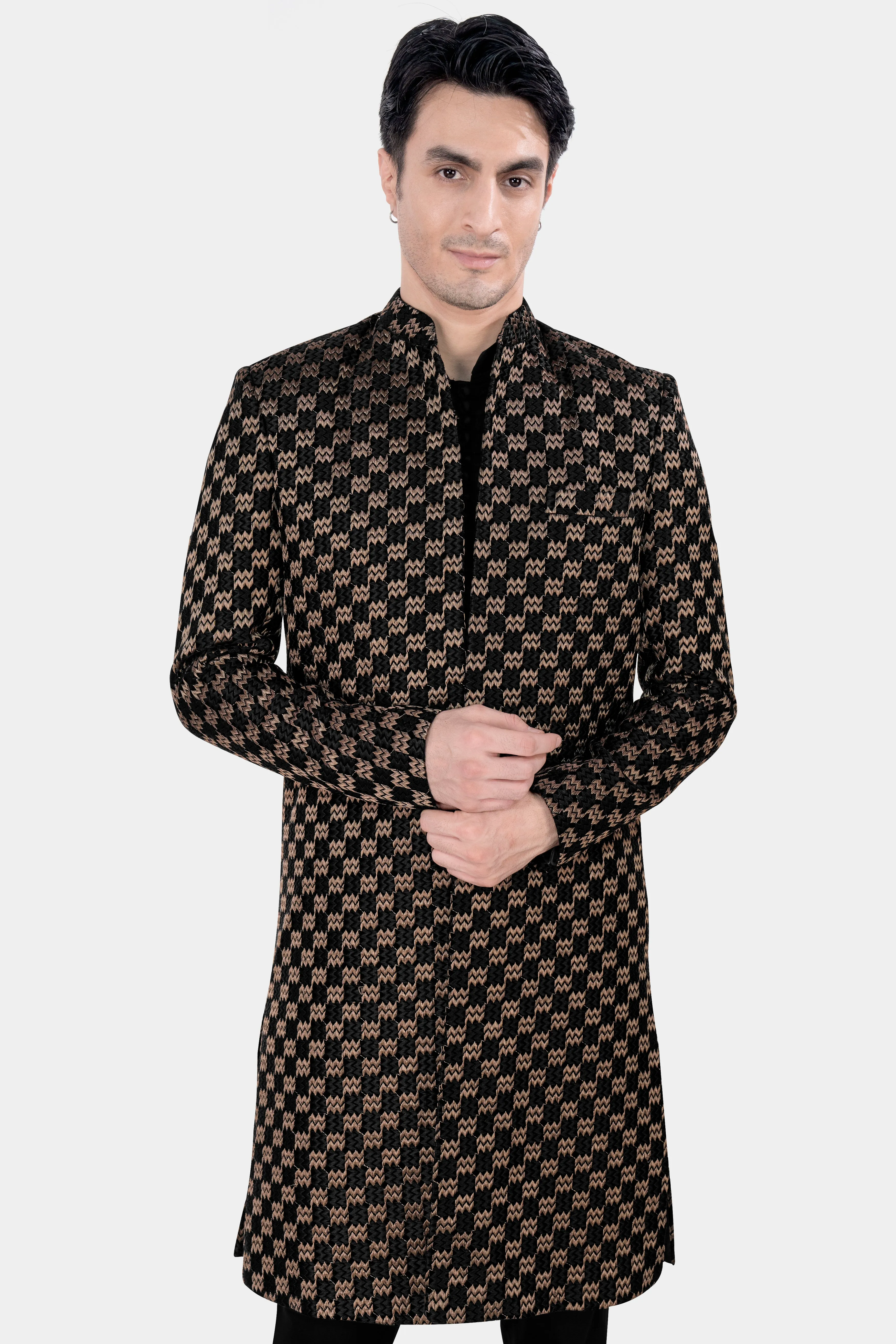 Jade Black and Toast Brown Zig Zag Embroidered Indo Western with Black Kurta and Pant Set sold by French Crown product image thumbnail 4