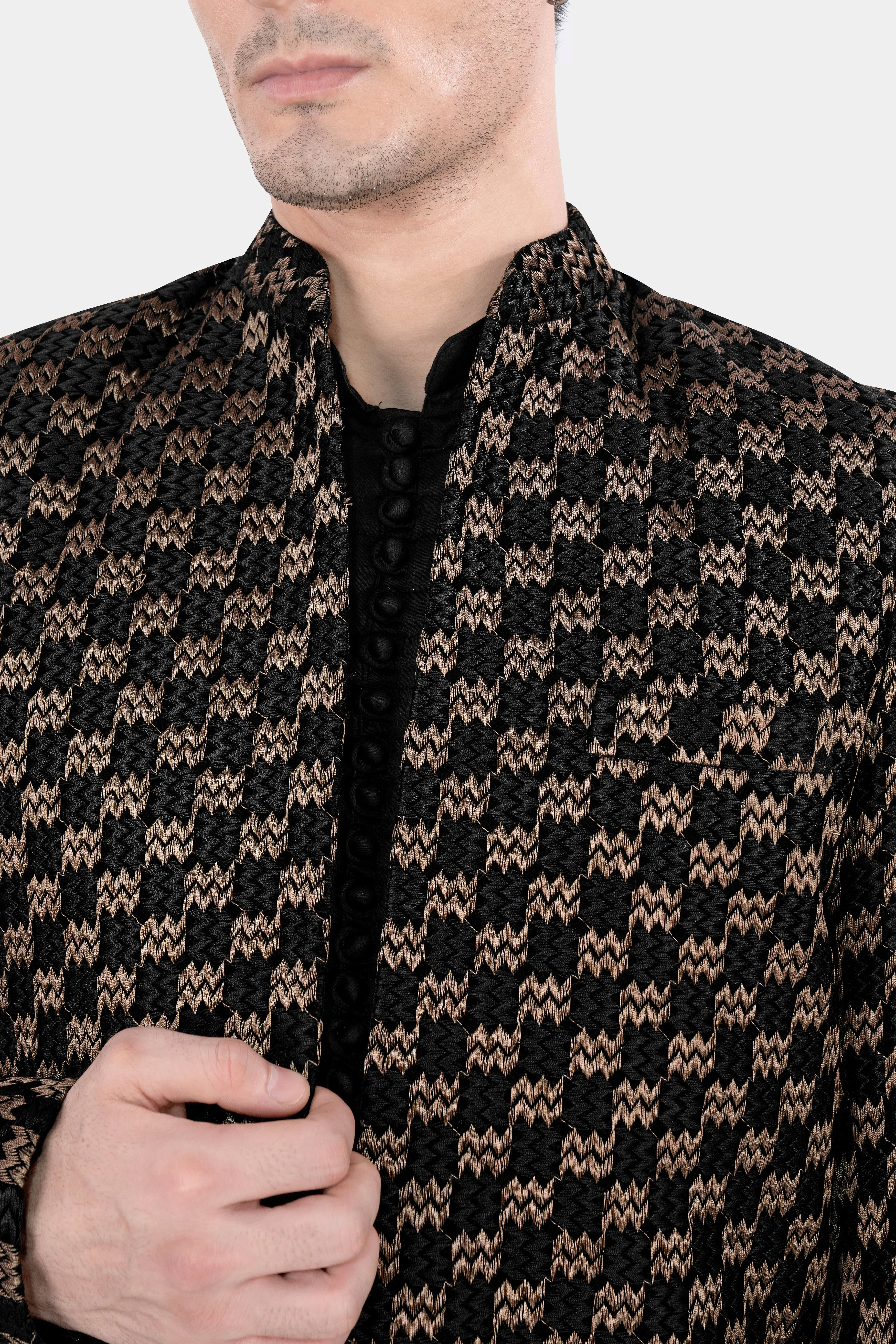 Jade Black and Toast Brown Zig Zag Embroidered Indo Western with Black Kurta and Pant Set sold by French Crown product image thumbnail 3