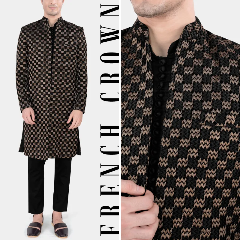 Jade Black and Toast Brown Zig Zag Embroidered Indo Western with Black Kurta and Pant Set sold by French Crown