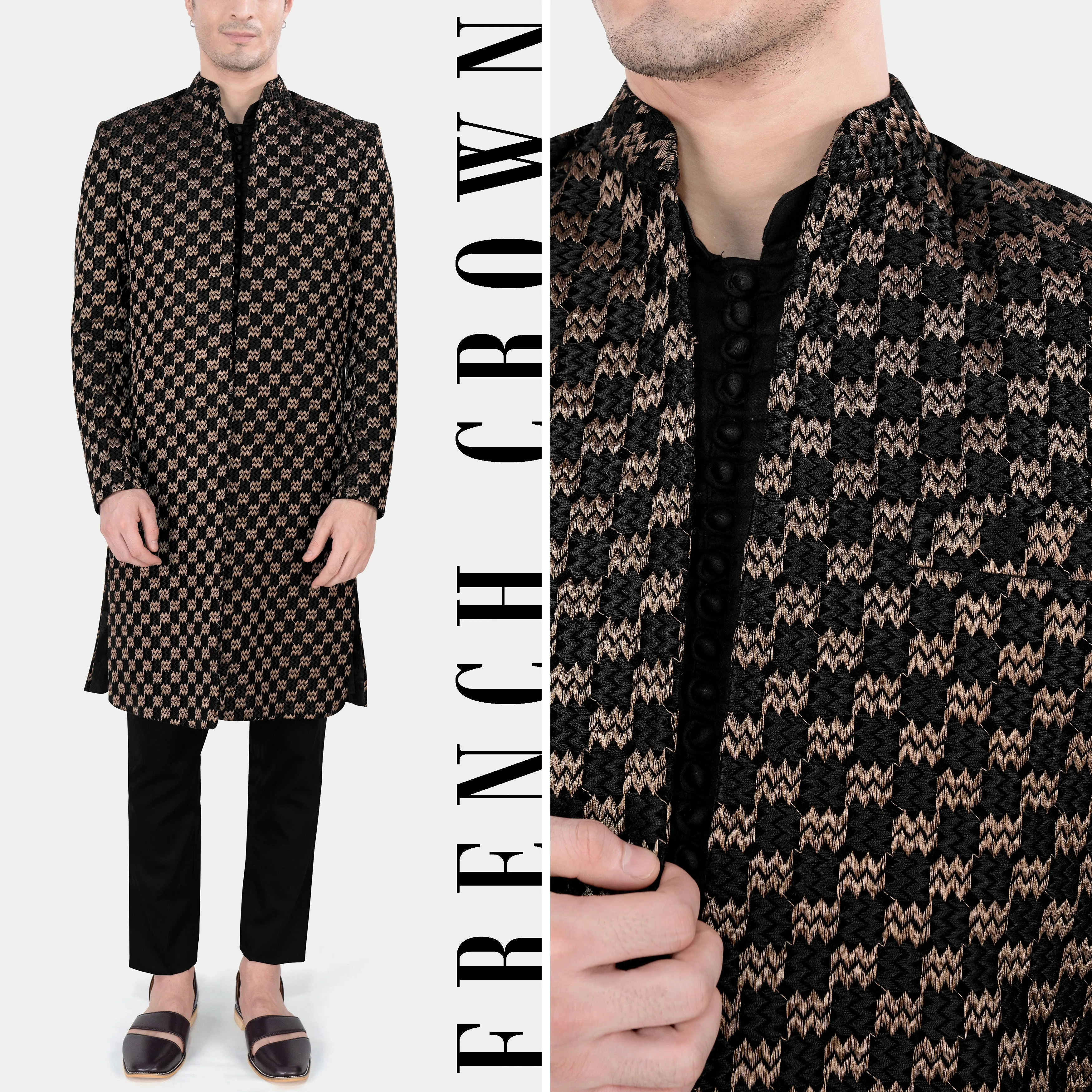 Jade Black and Toast Brown Zig Zag Embroidered Indo Western with Black Kurta and Pant Set sold by French Crown