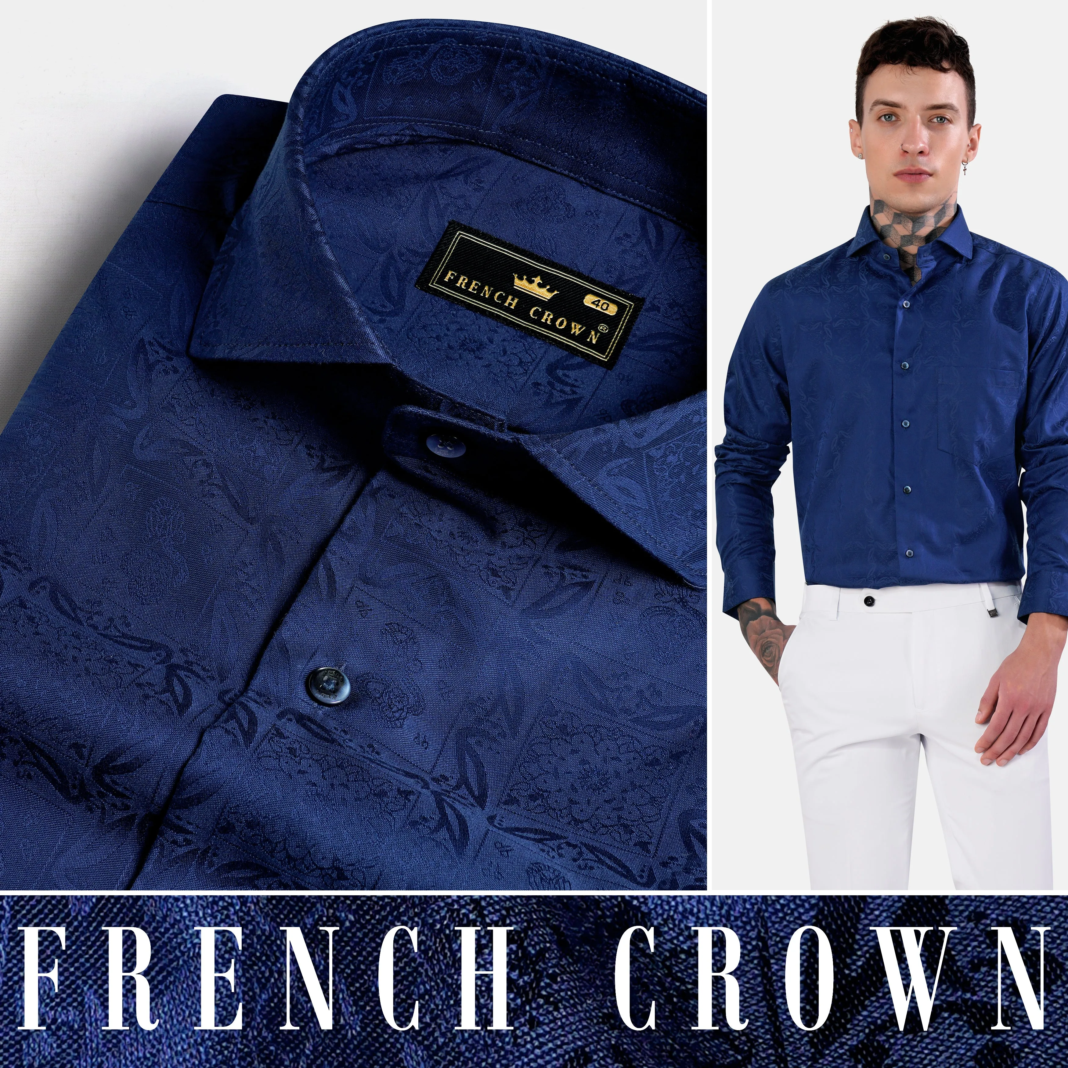 Lapis Blue Jacquard Textured Premium Giza Cotton Shirt sold by French Crown product image thumbnail 4