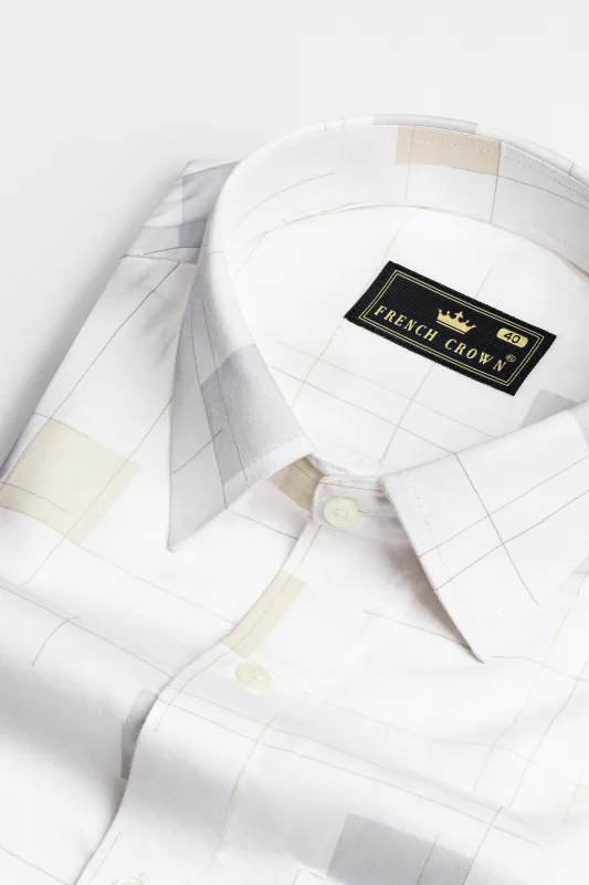 Bright White with Periglacial Beige Checked Jacquard Textured Premium Giza Cotton Shirt sold by French Crown