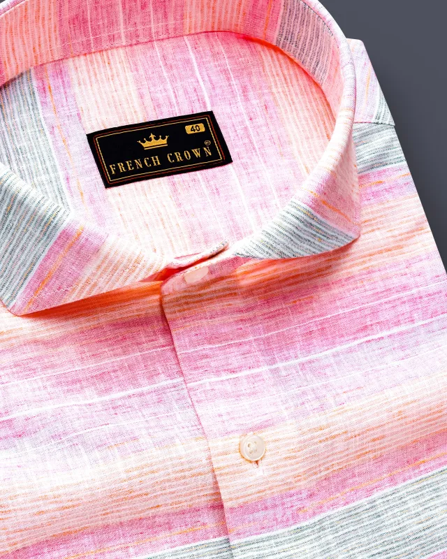 Pastel Pink Multicolour Striped Luxurious Linen Shirt sold by French Crown